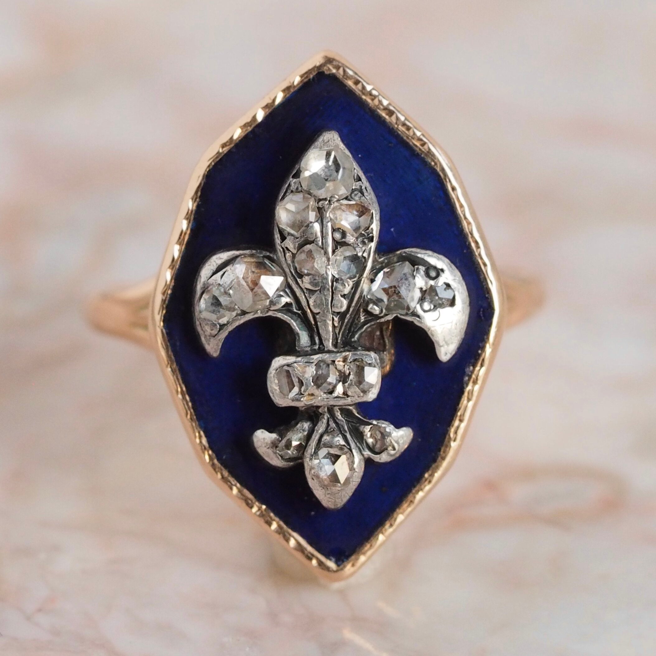 Antique Early Victorian European Fleur de Lis Enamel and Rosecut Diamond Ring