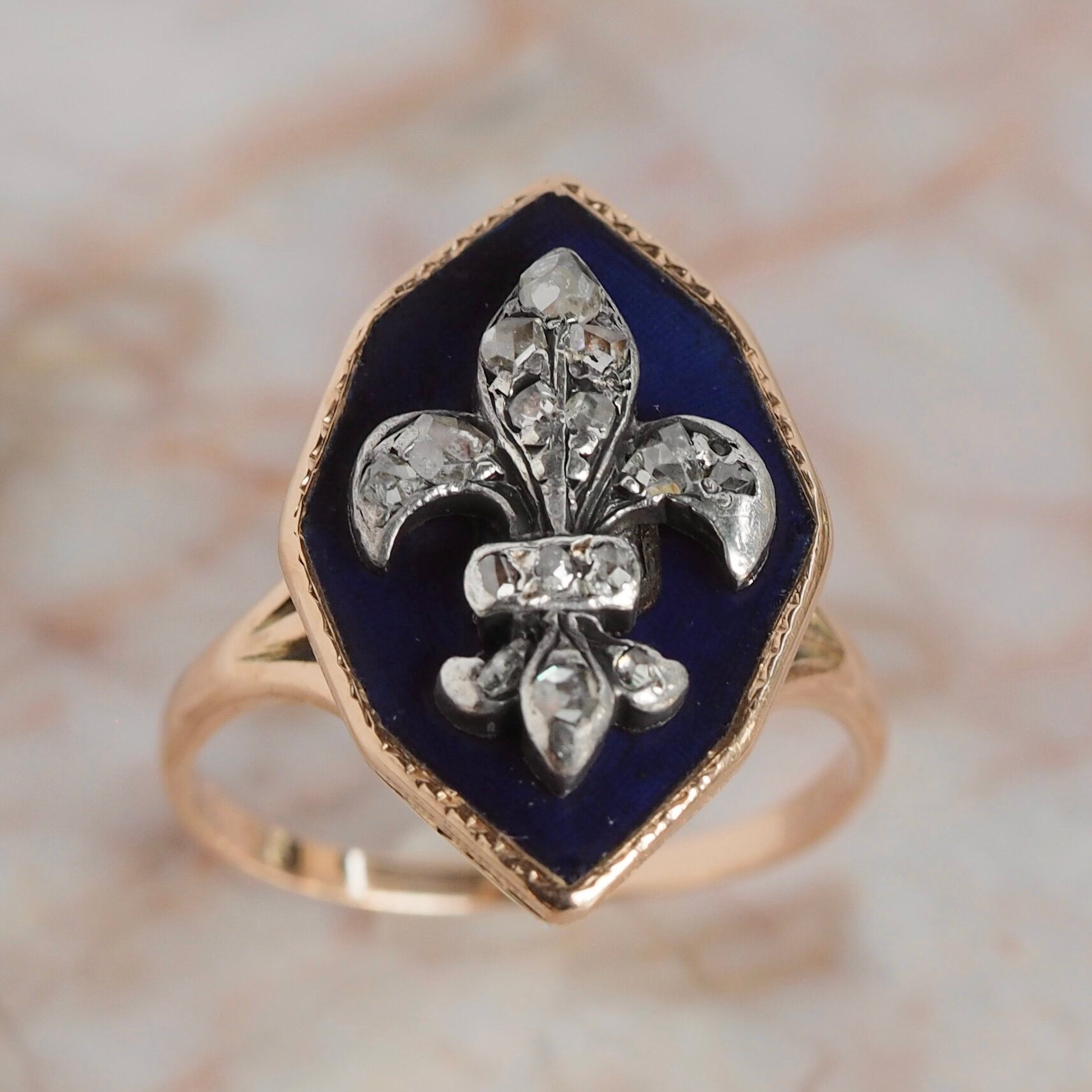 Antique Early Victorian European Fleur de Lis Enamel and Rosecut Diamond Ring