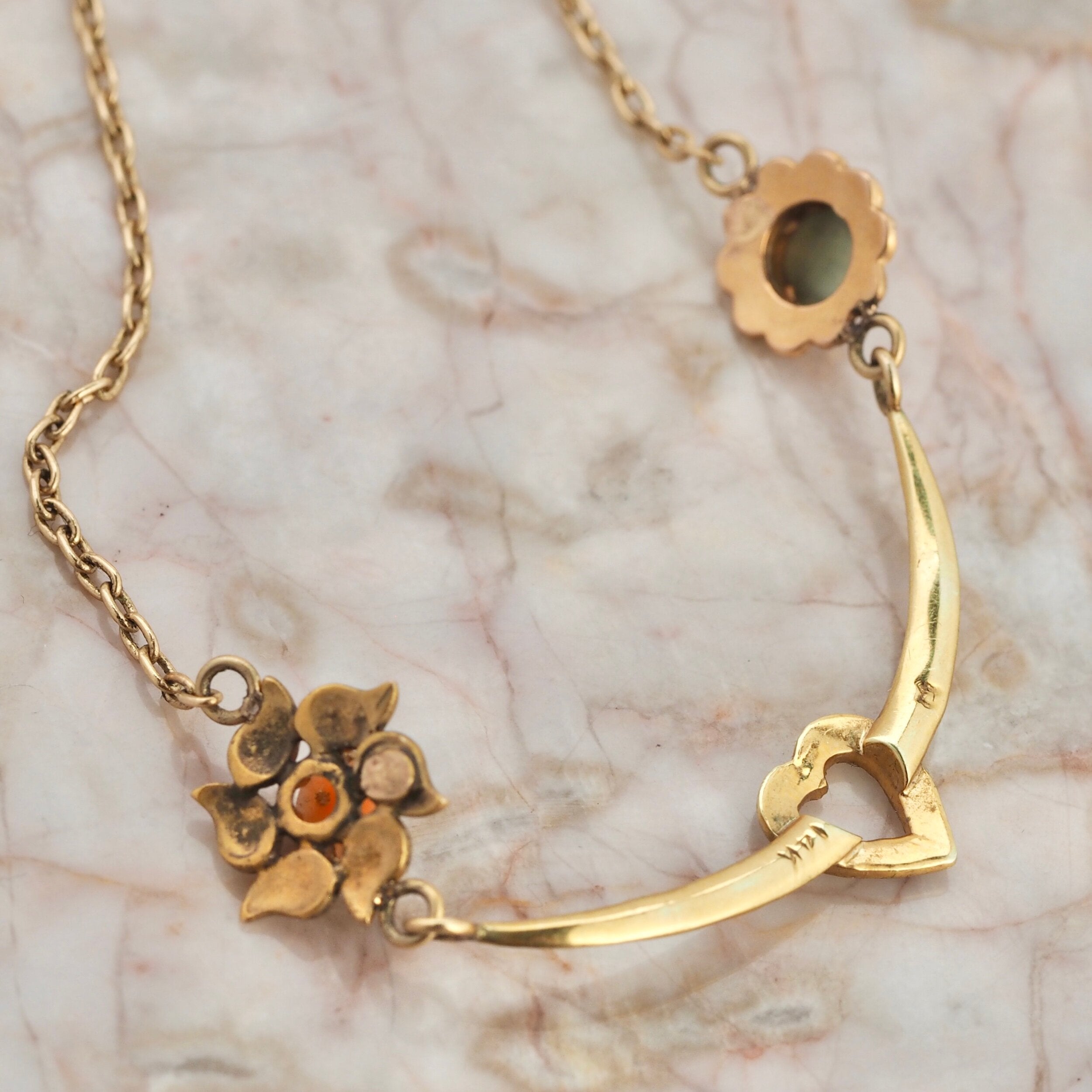 Antique Edwardian 14k Gold Coral, Chrysoberyl and Pearl Heart Necklace
