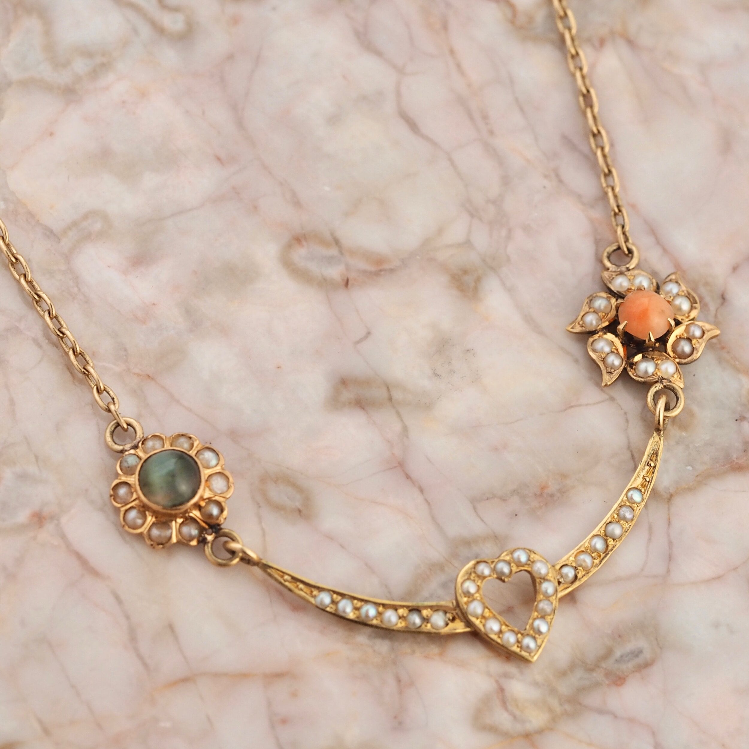 Antique Edwardian 14k Gold Coral, Chrysoberyl and Pearl Heart Necklace