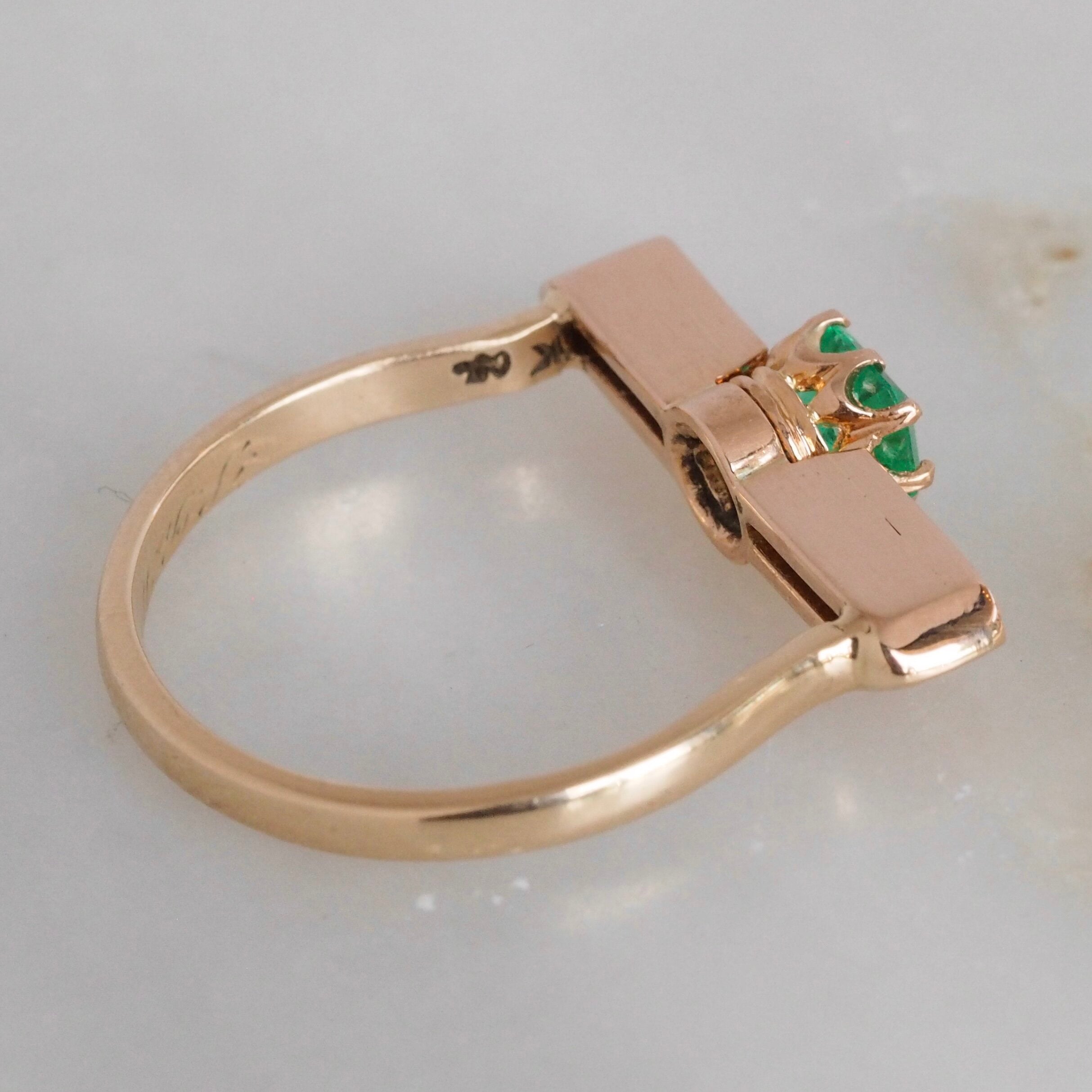 Antique Edwardian 18k Gold Emerald and Rose Cut Diamond Bar Ring