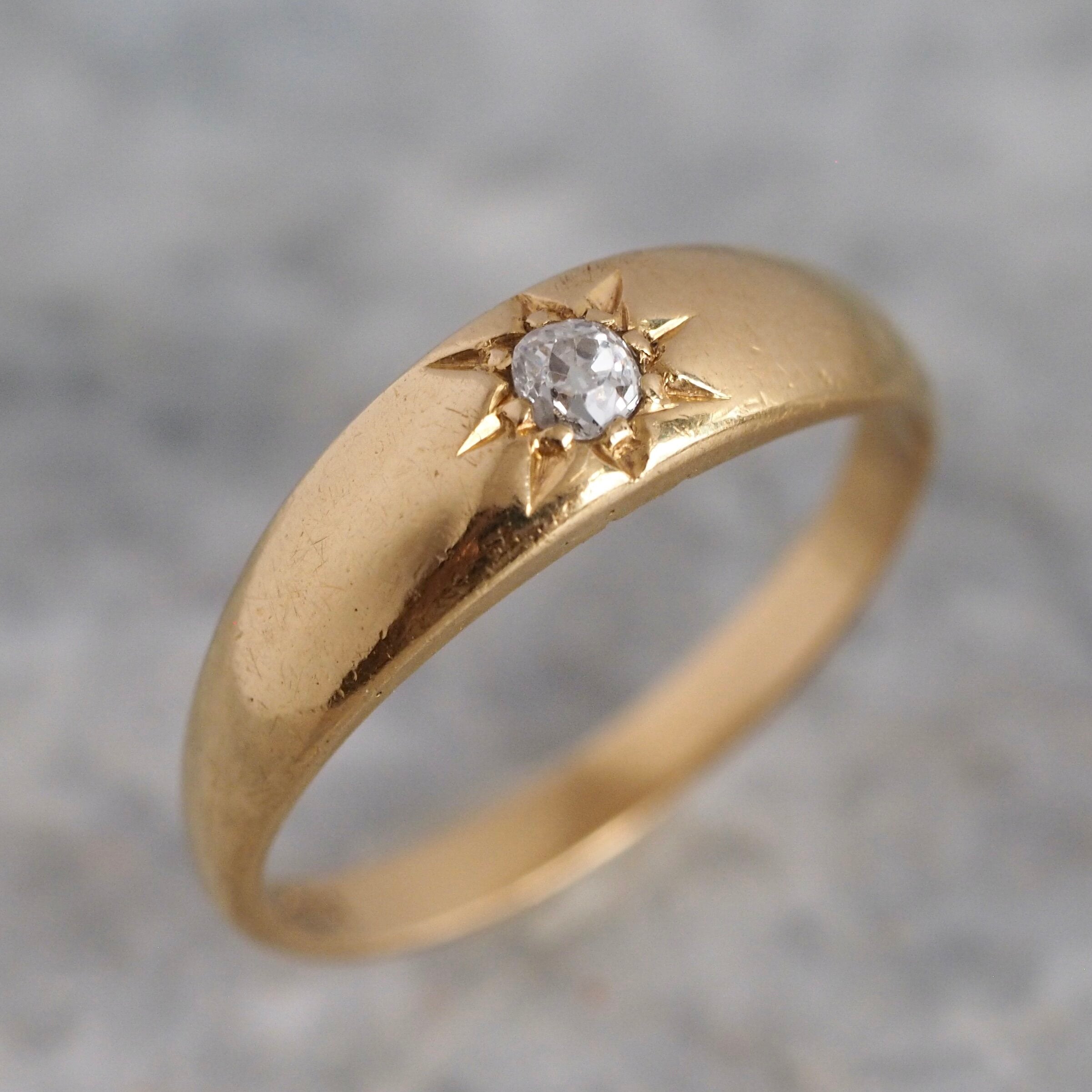 Antique English 18k Gold Old Mine Cut Flush Set Diamond Starburst Ring