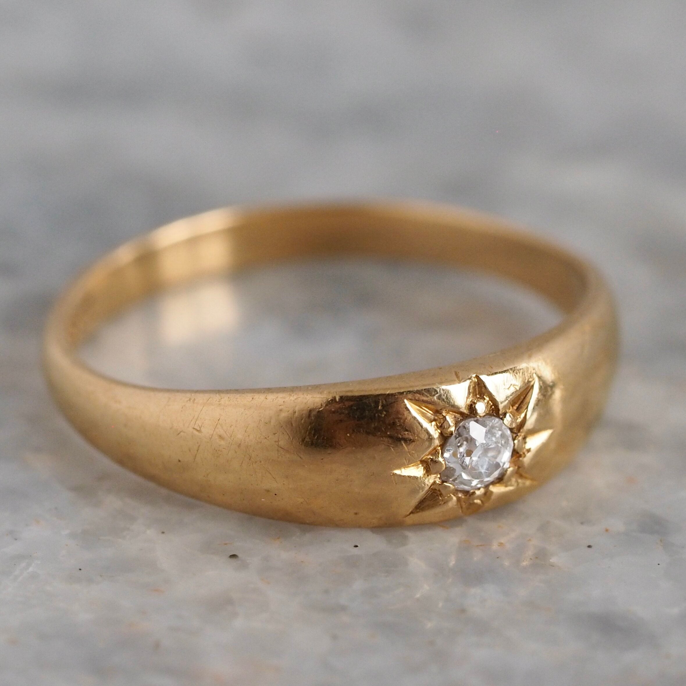 Antique English 18k Gold Old Mine Cut Flush Set Diamond Starburst Ring