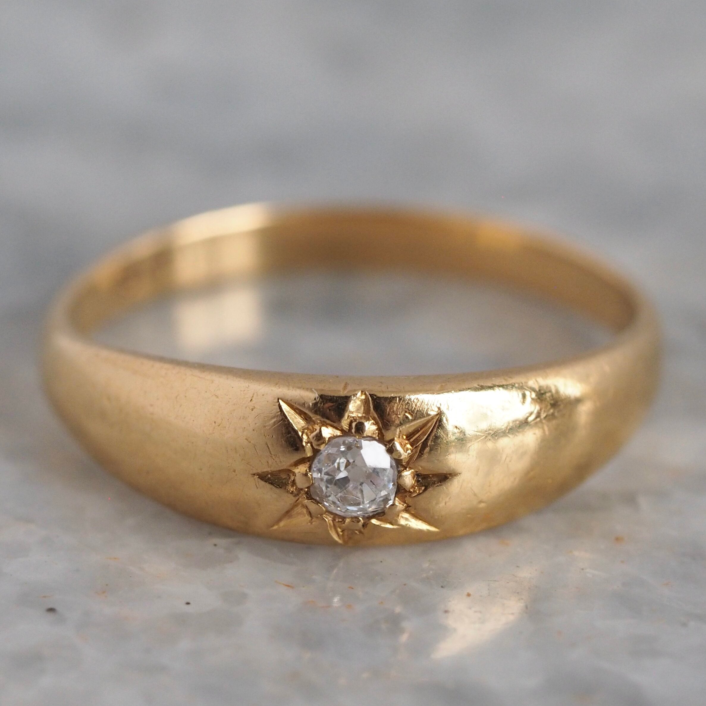 Antique English 18k Gold Old Mine Cut Flush Set Diamond Starburst Ring