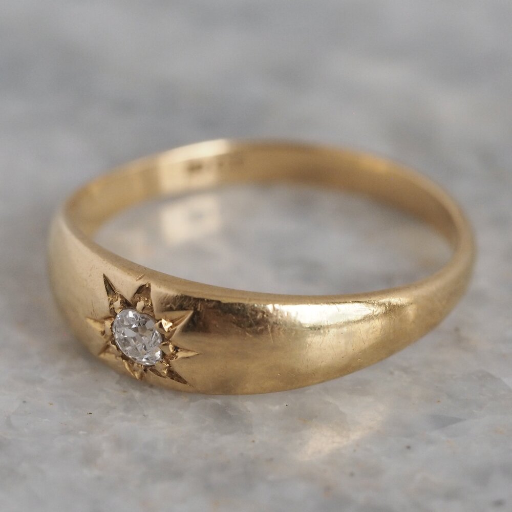 Antique English 18k Gold Old Mine Cut Flush Set Diamond Starburst Ring