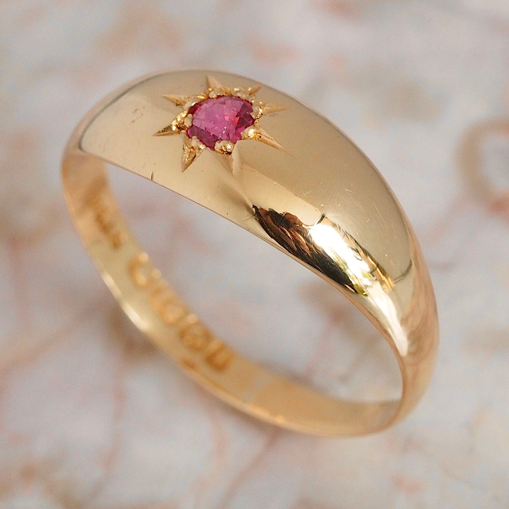 Antique English 18k Gold Red Spinel Flush Set Starburst Ring