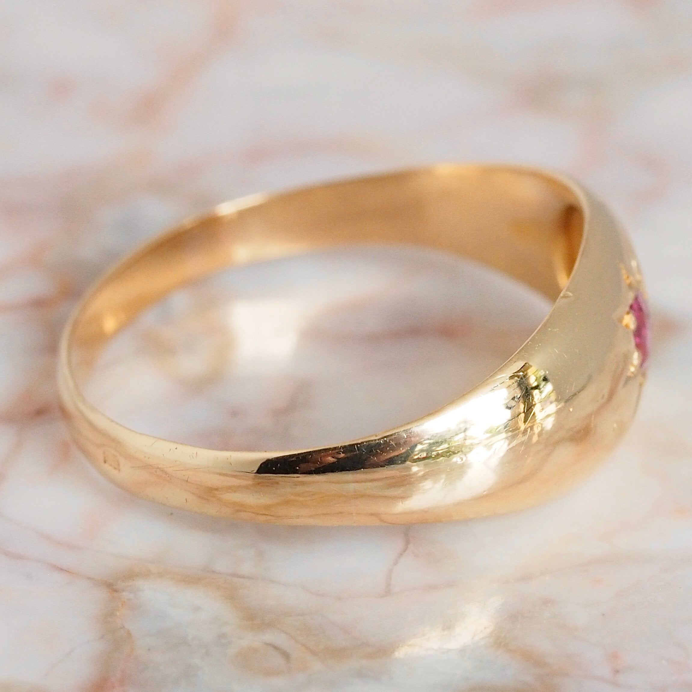 Antique English 18k Gold Red Spinel Flush Set Starburst Ring