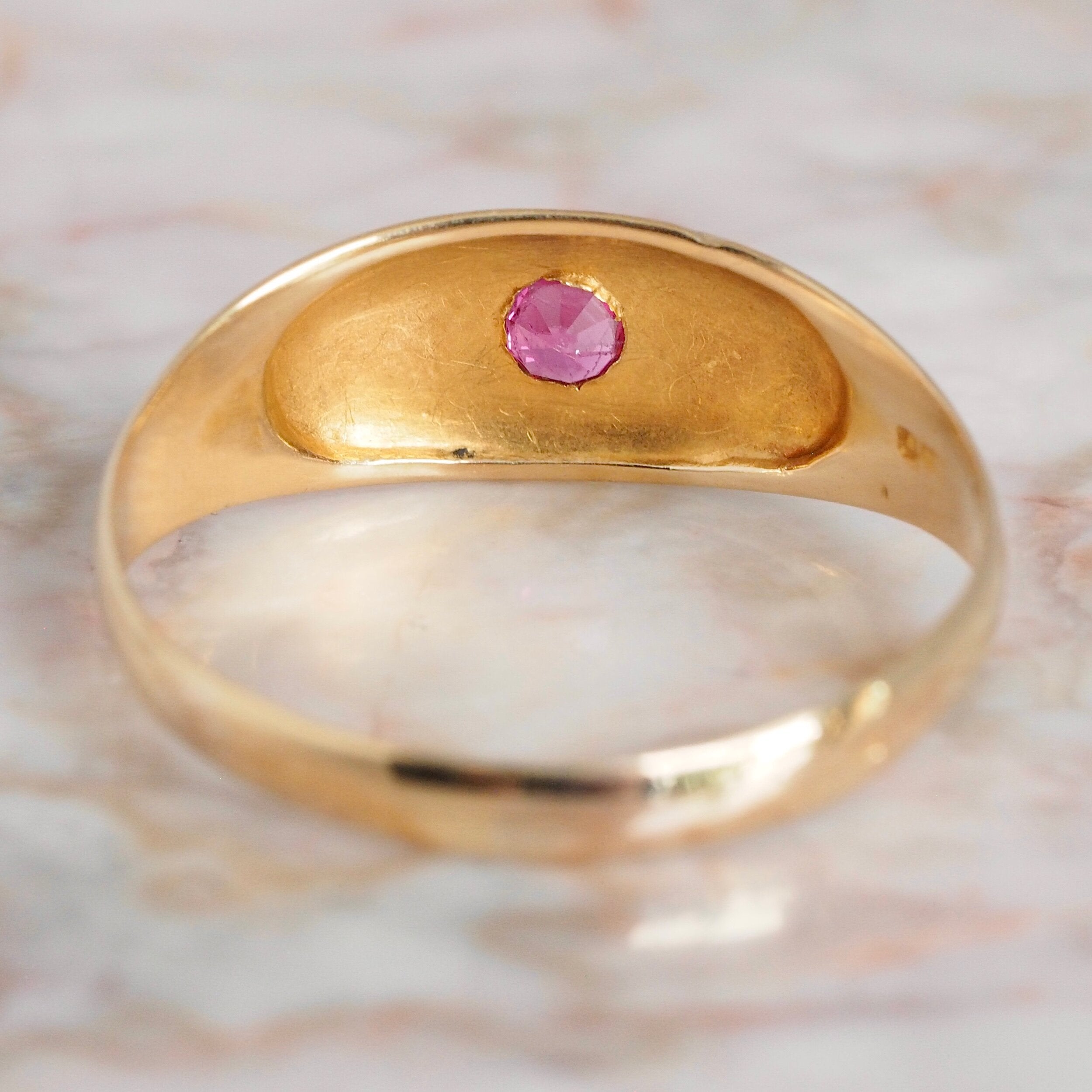 Antique English 18k Gold Red Spinel Flush Set Starburst Ring