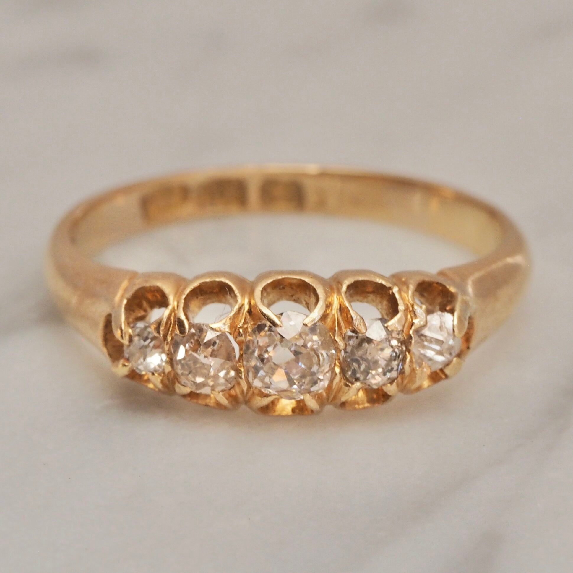 Antique English 18k Old Mine Cut and Single Cut Five Stone Half Hoop Diamond Ring