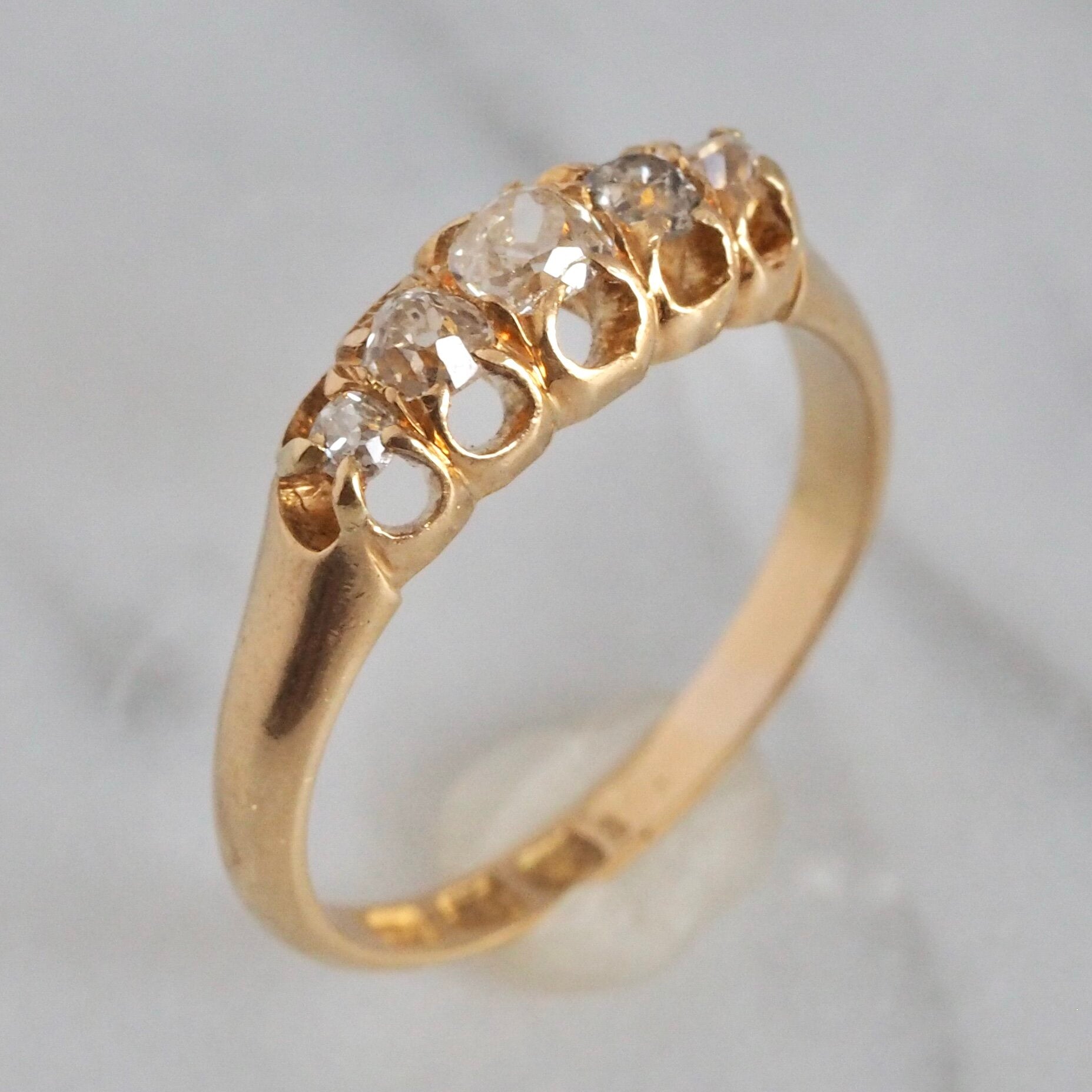 Antique English 18k Old Mine Cut and Single Cut Five Stone Half Hoop Diamond Ring