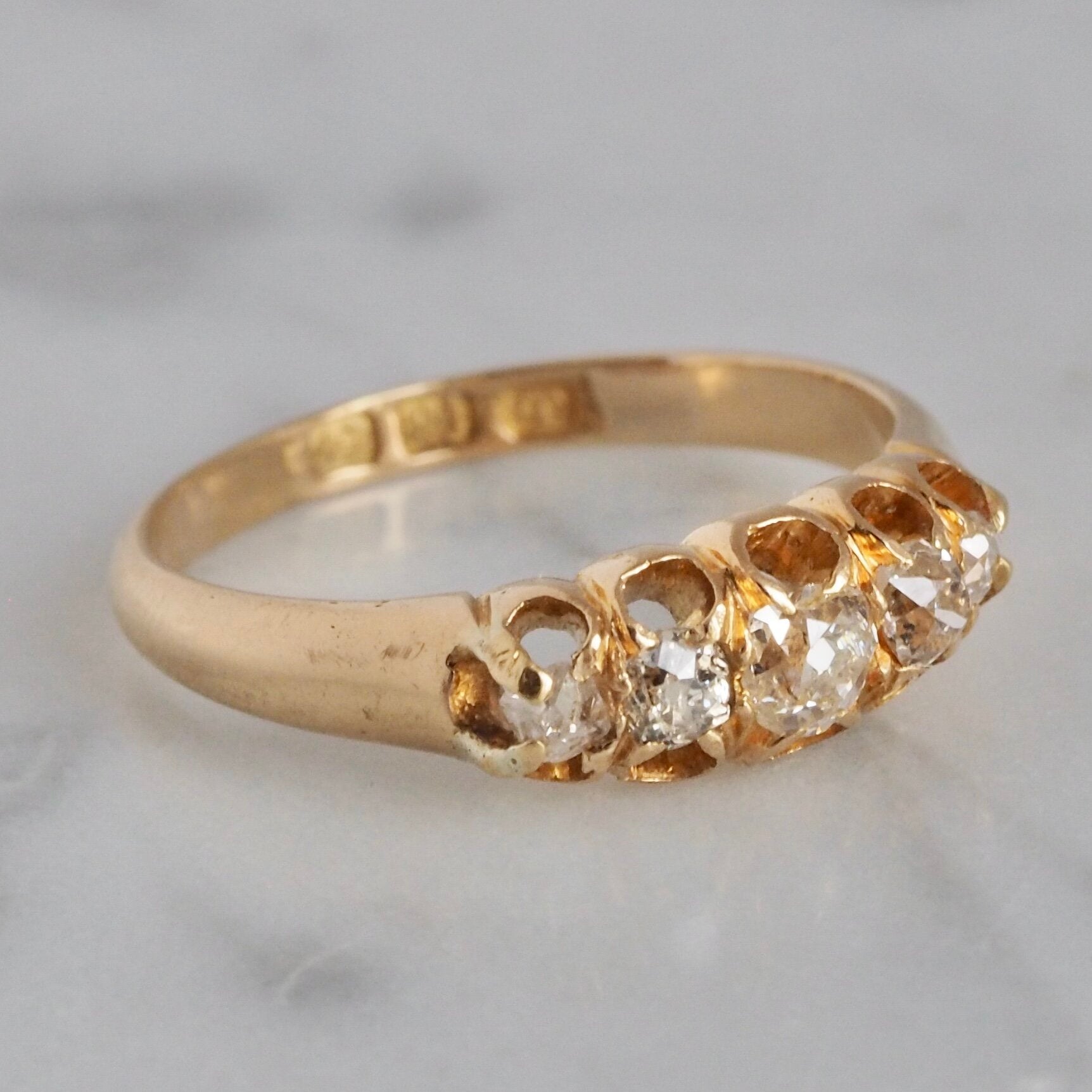 Antique English 18k Old Mine Cut and Single Cut Five Stone Half Hoop Diamond Ring