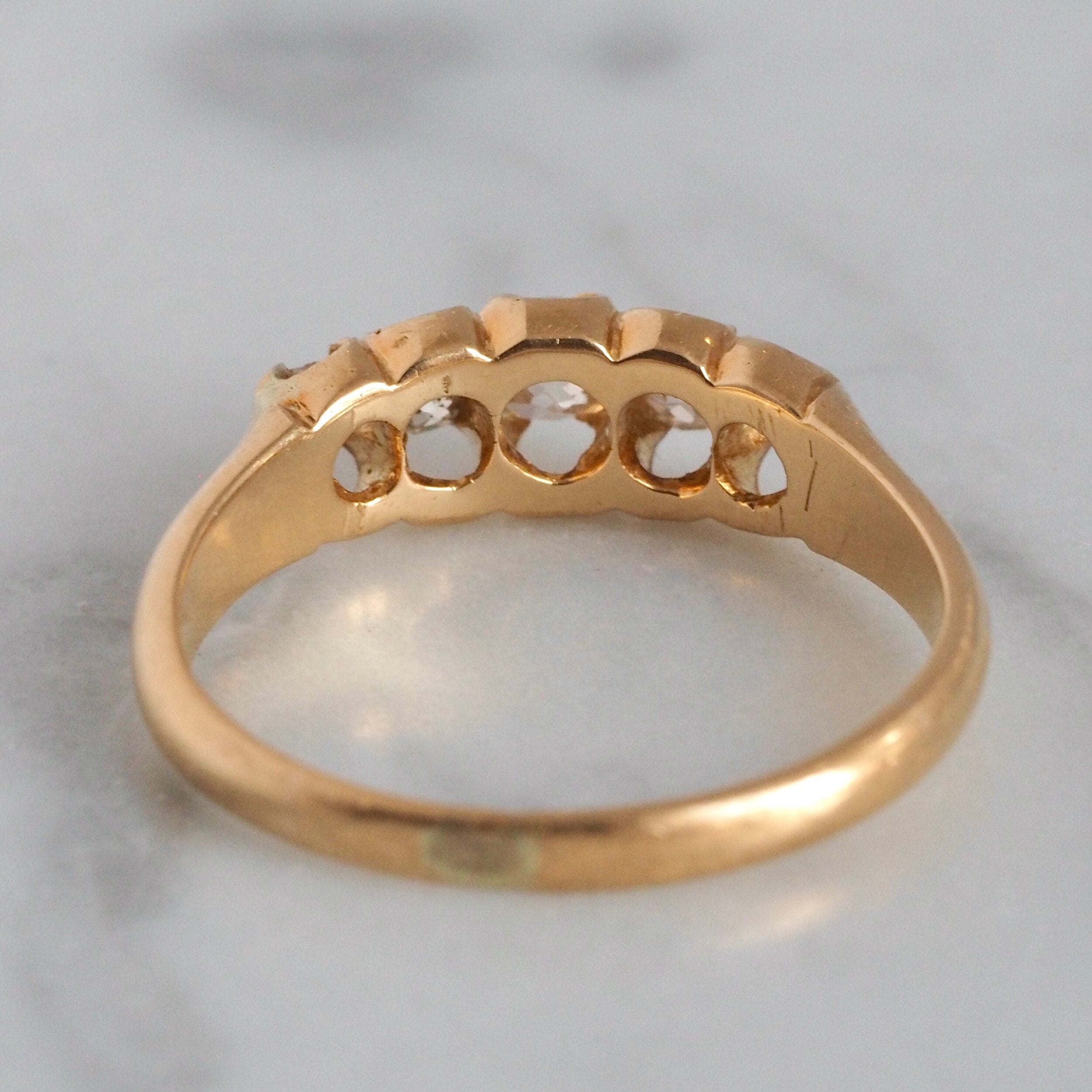 Antique English 18k Old Mine Cut and Single Cut Five Stone Half Hoop Diamond Ring