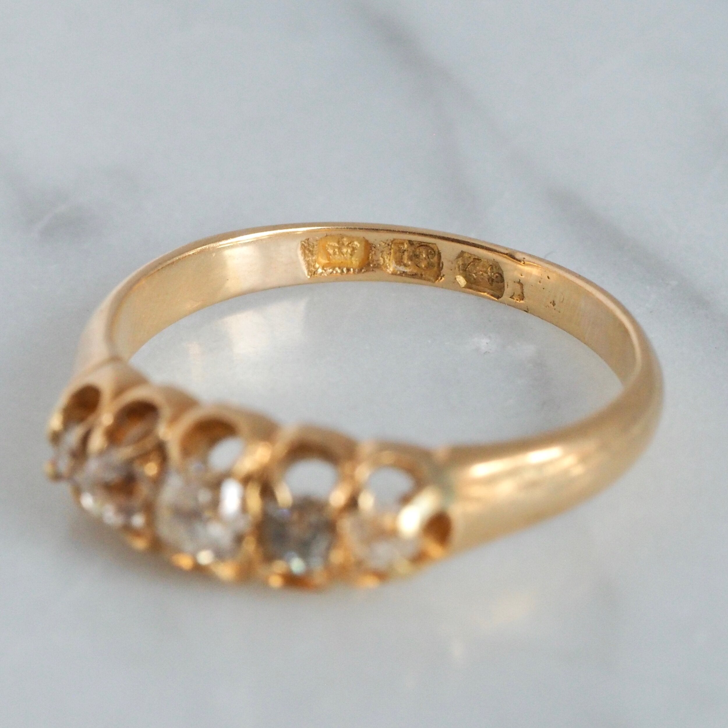 Antique English 18k Old Mine Cut and Single Cut Five Stone Half Hoop Diamond Ring