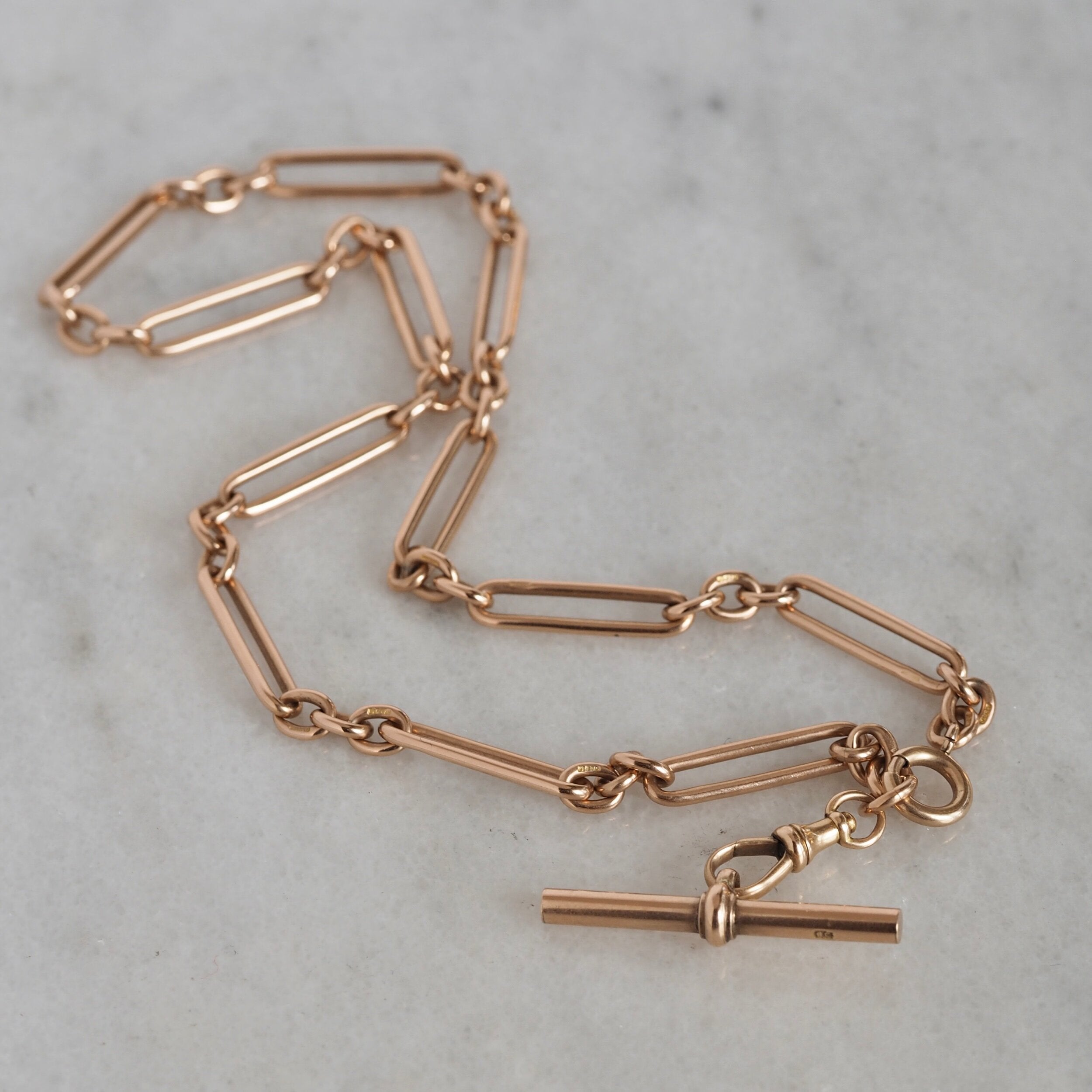 Antique English 9k Trombone Link Watch Chain with T Bar and Bolt Clasp