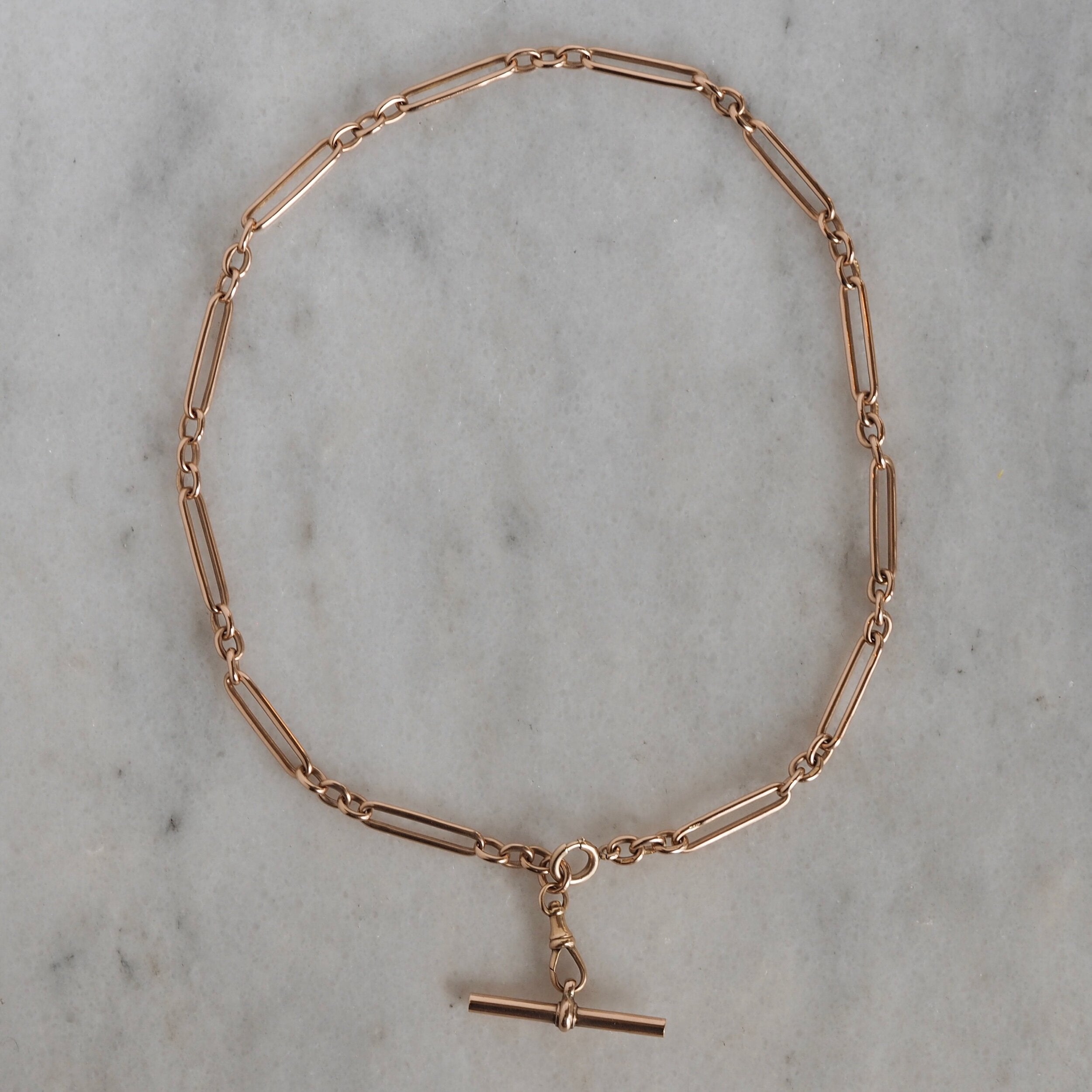 Antique English 9k Trombone Link Watch Chain with T Bar and Bolt Clasp