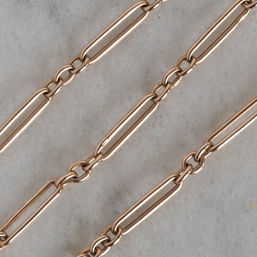 Antique English 9k Trombone Link Watch Chain with T Bar and Bolt Clasp