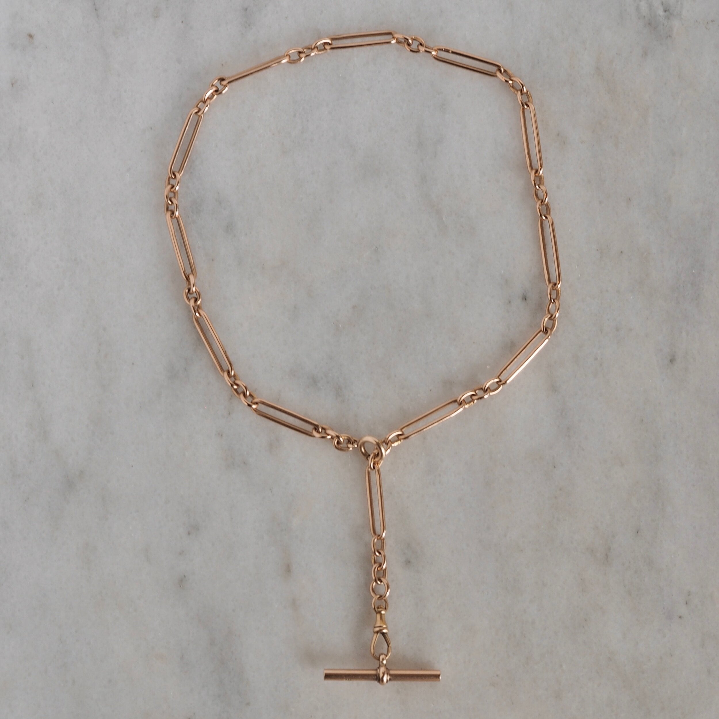 Antique English 9k Trombone Link Watch Chain with T Bar and Bolt Clasp