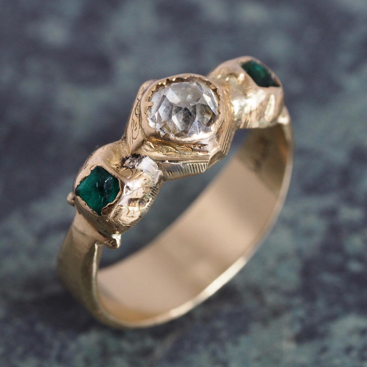 Antique English Georgian 18k Gold Old Mine Cut Diamond and Emerald Trilogy Ring