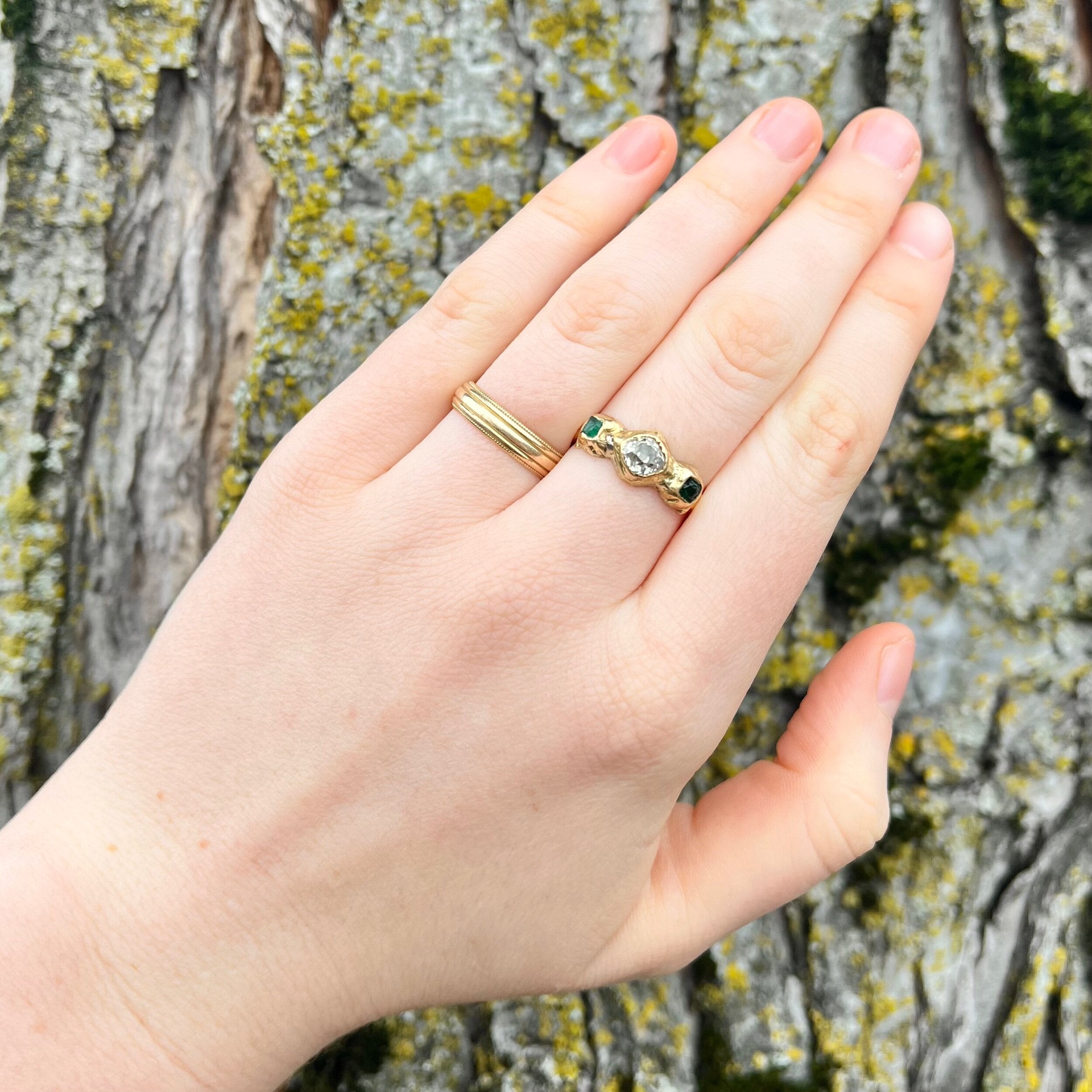 Antique English Georgian 18k Gold Old Mine Cut Diamond and Emerald Trilogy Ring