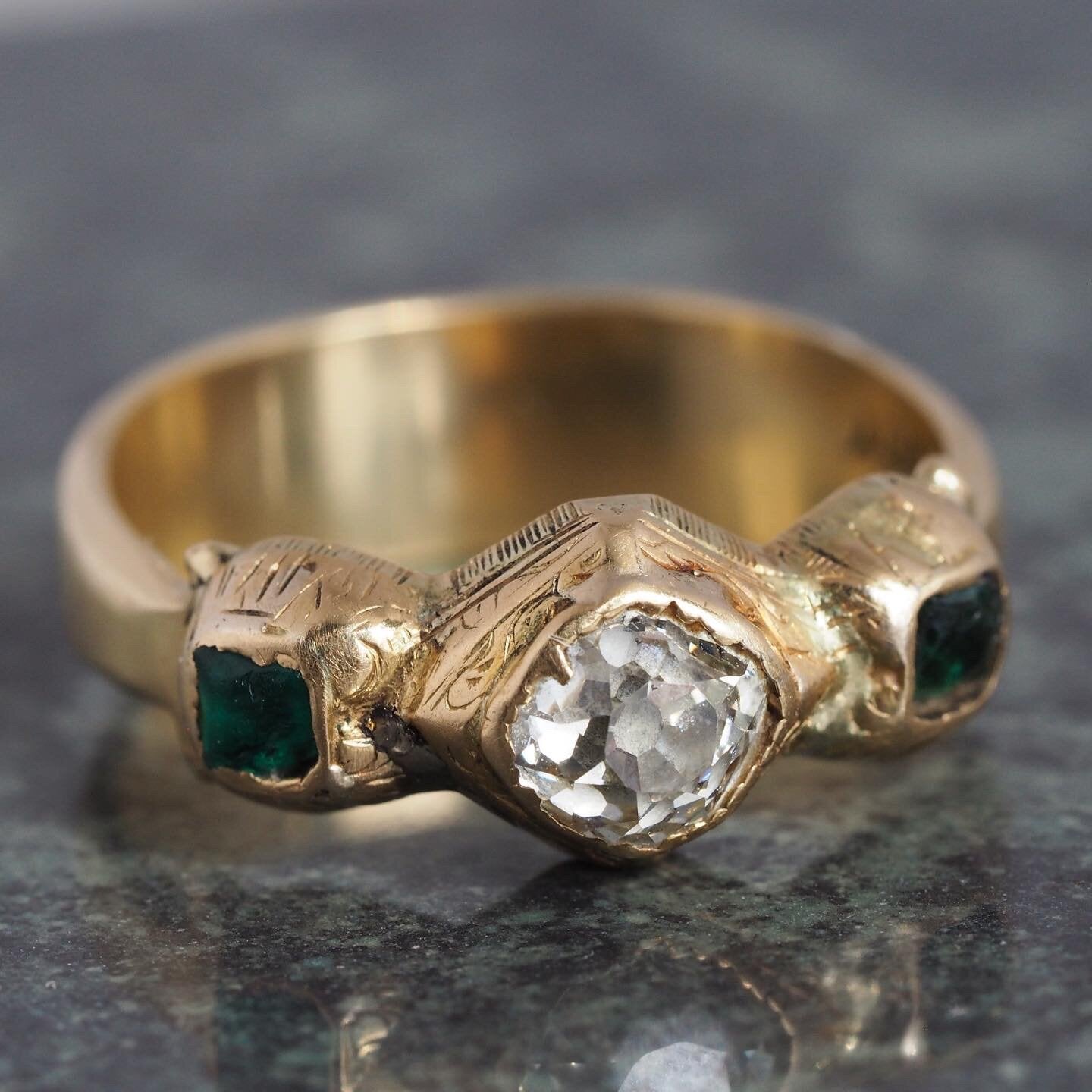 Antique English Georgian 18k Gold Old Mine Cut Diamond and Emerald Trilogy Ring