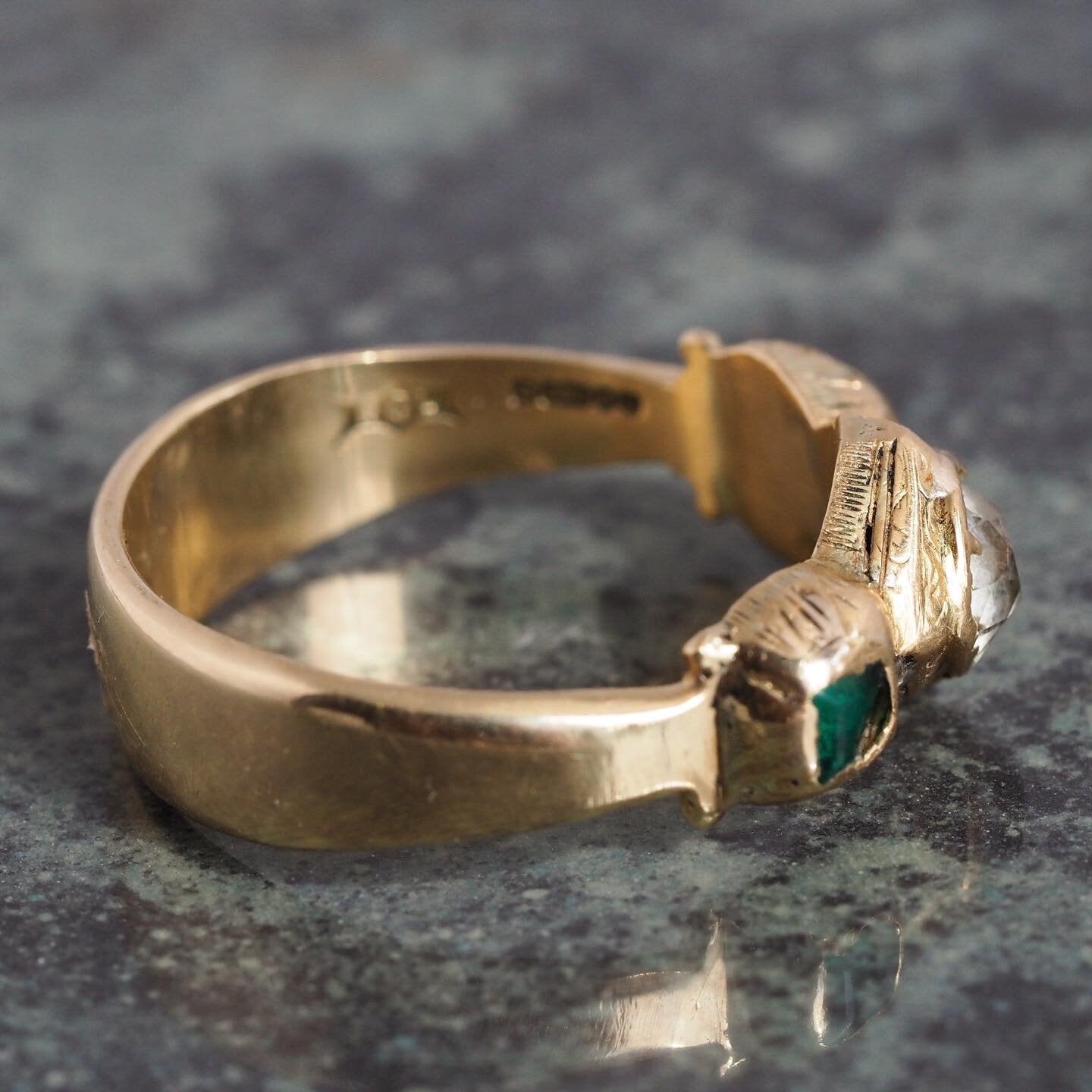 Antique English Georgian 18k Gold Old Mine Cut Diamond and Emerald Trilogy Ring