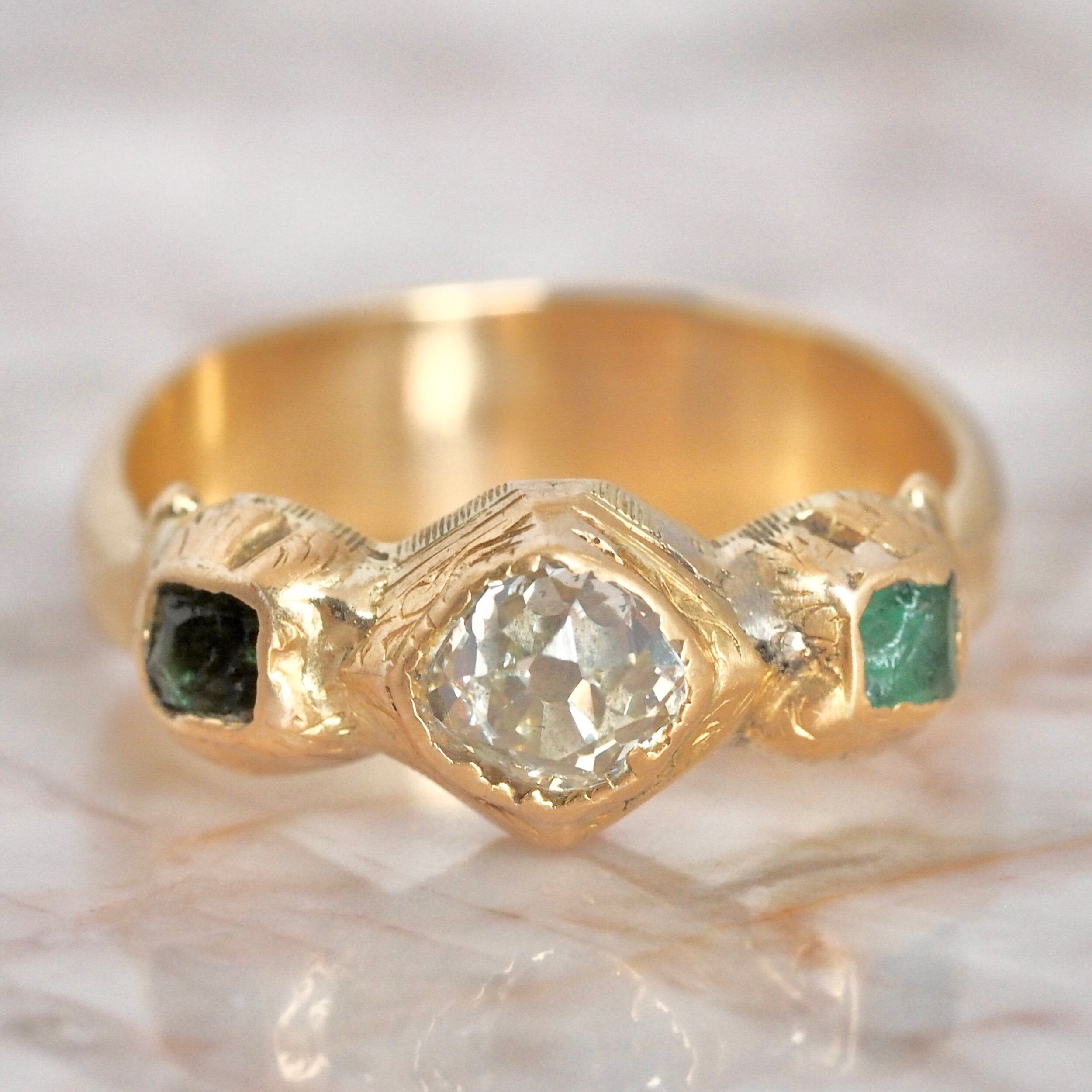 Antique English Georgian 18k Gold Old Mine Cut Diamond and Emerald Trilogy Ring