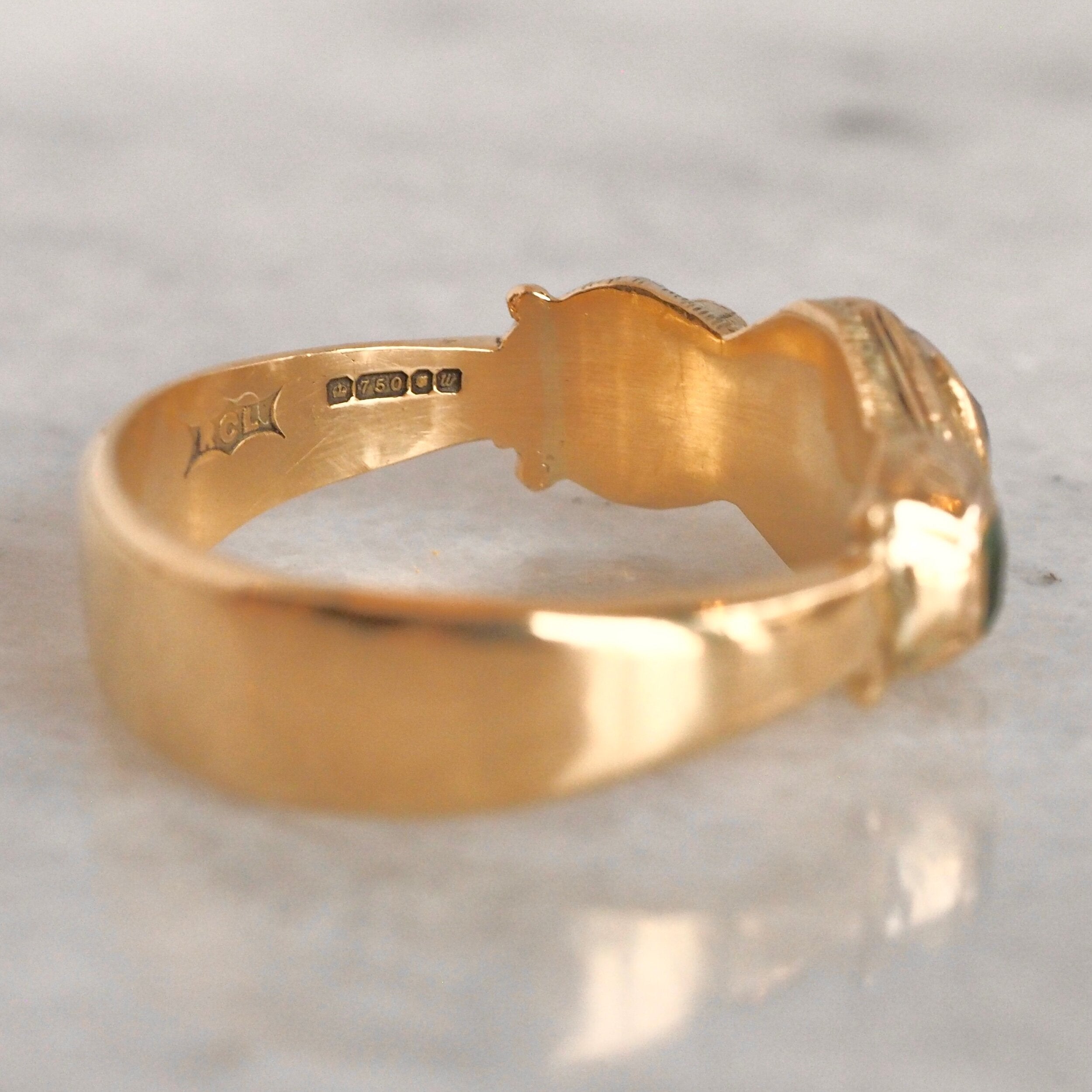 Antique English Georgian 18k Gold Old Mine Cut Diamond and Emerald Trilogy Ring