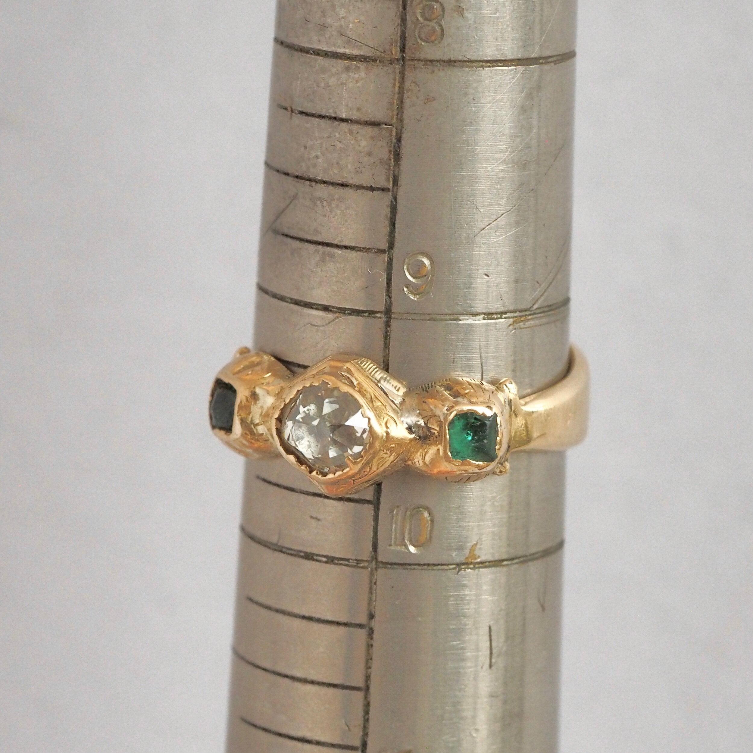 Antique English Georgian 18k Gold Old Mine Cut Diamond and Emerald Trilogy Ring