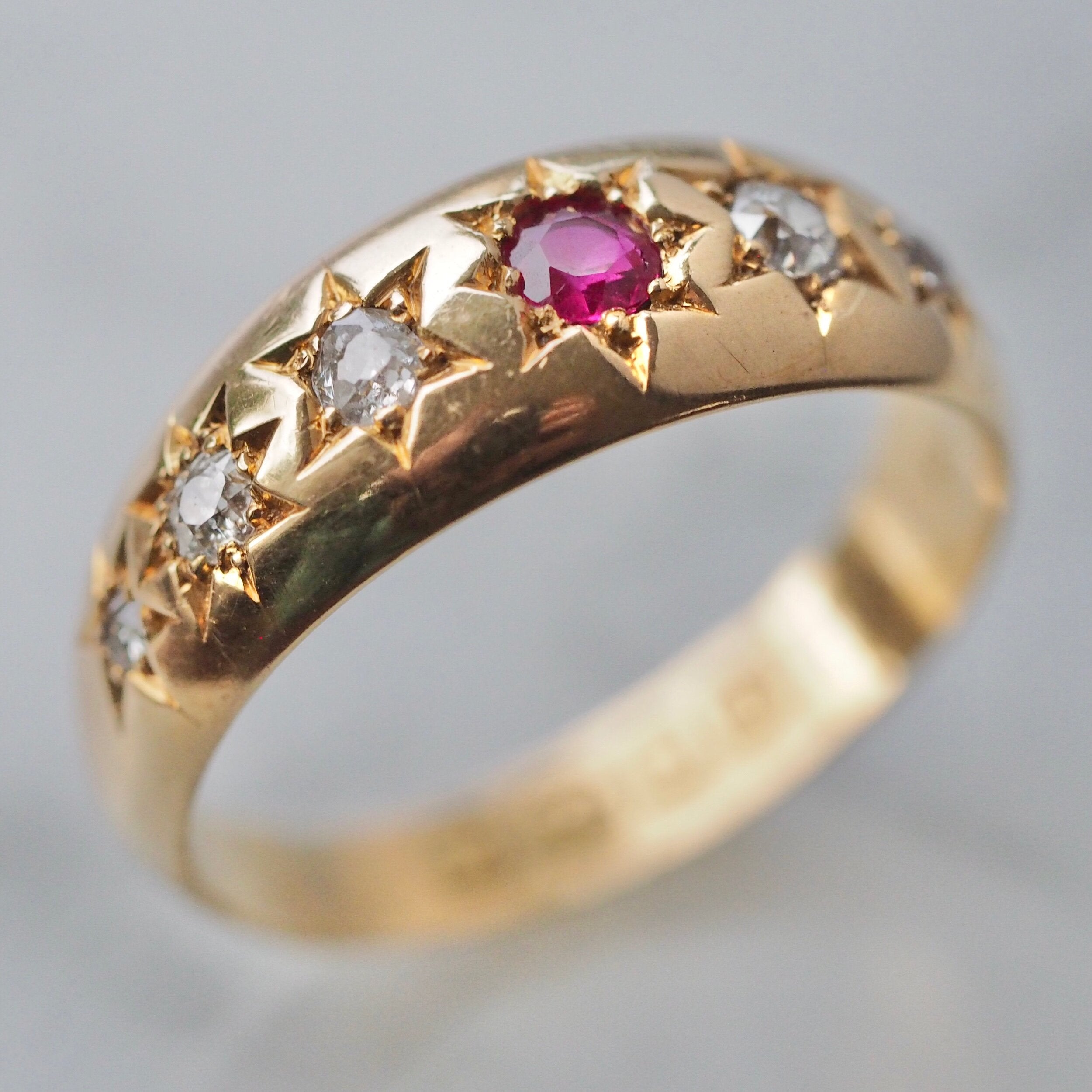 Antique English c. 1897 18k Gold Flush Set Ruby and Old Mine Cut Diamond Ring