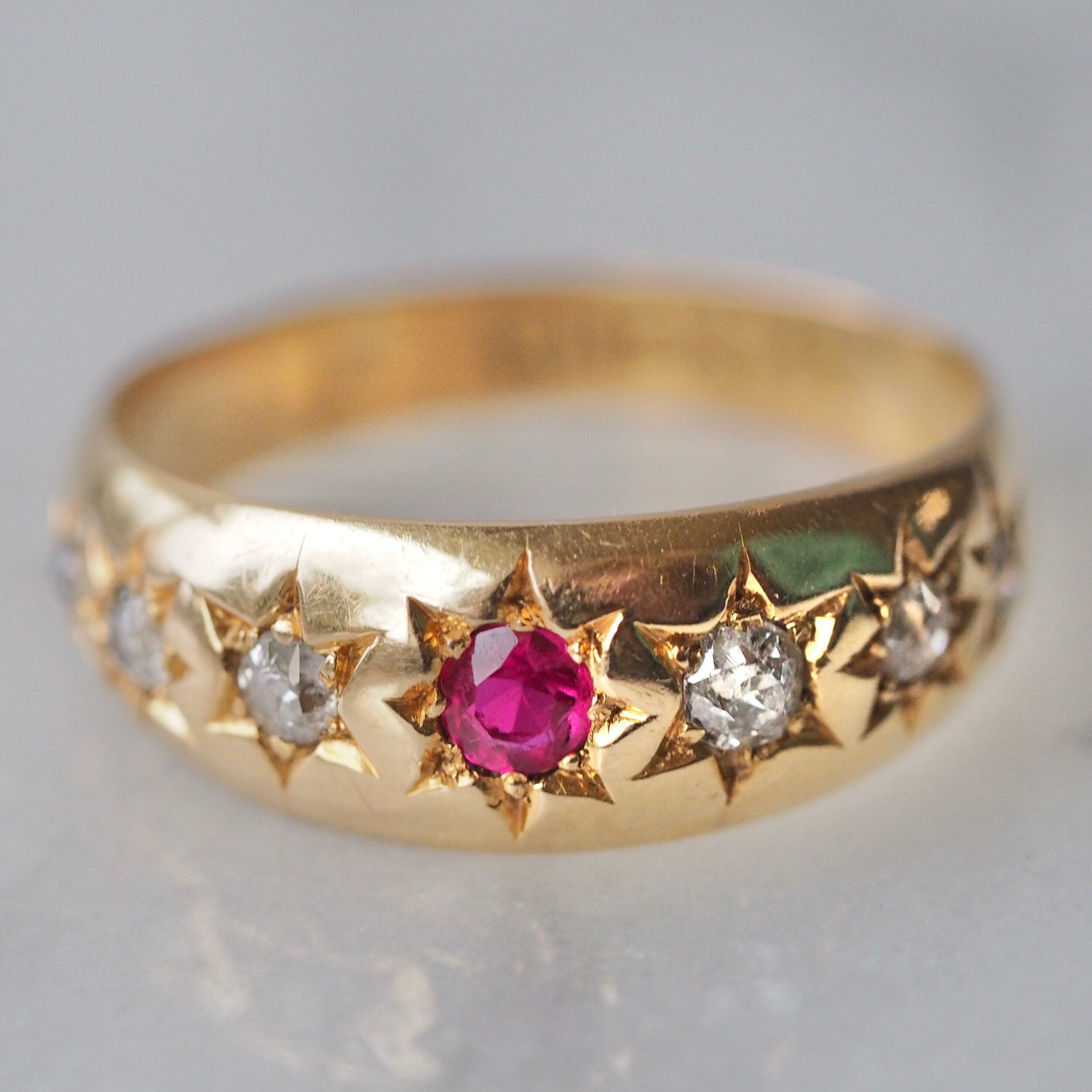 Antique English c. 1897 18k Gold Flush Set Ruby and Old Mine Cut Diamond Ring