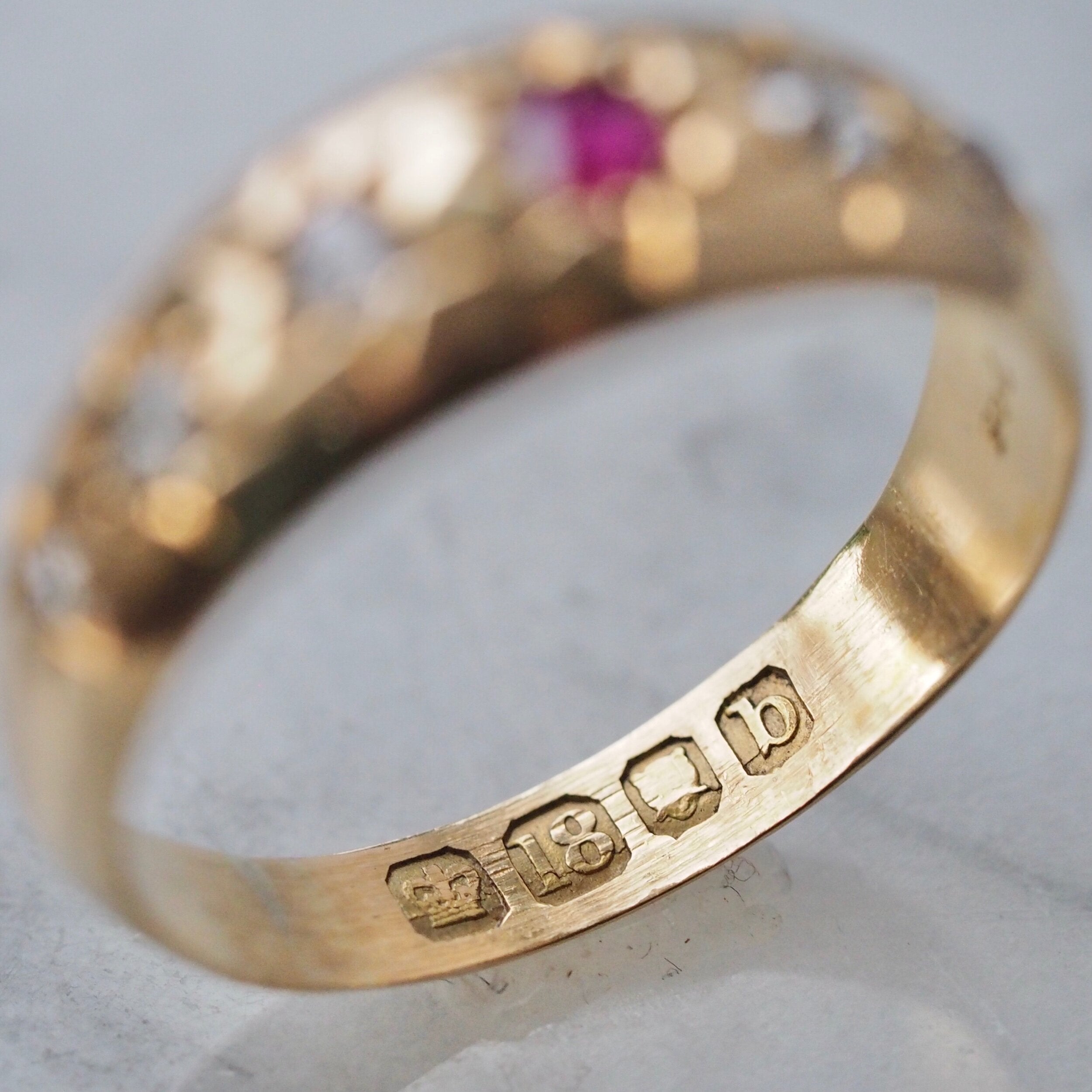 Antique English c. 1897 18k Gold Flush Set Ruby and Old Mine Cut Diamond Ring