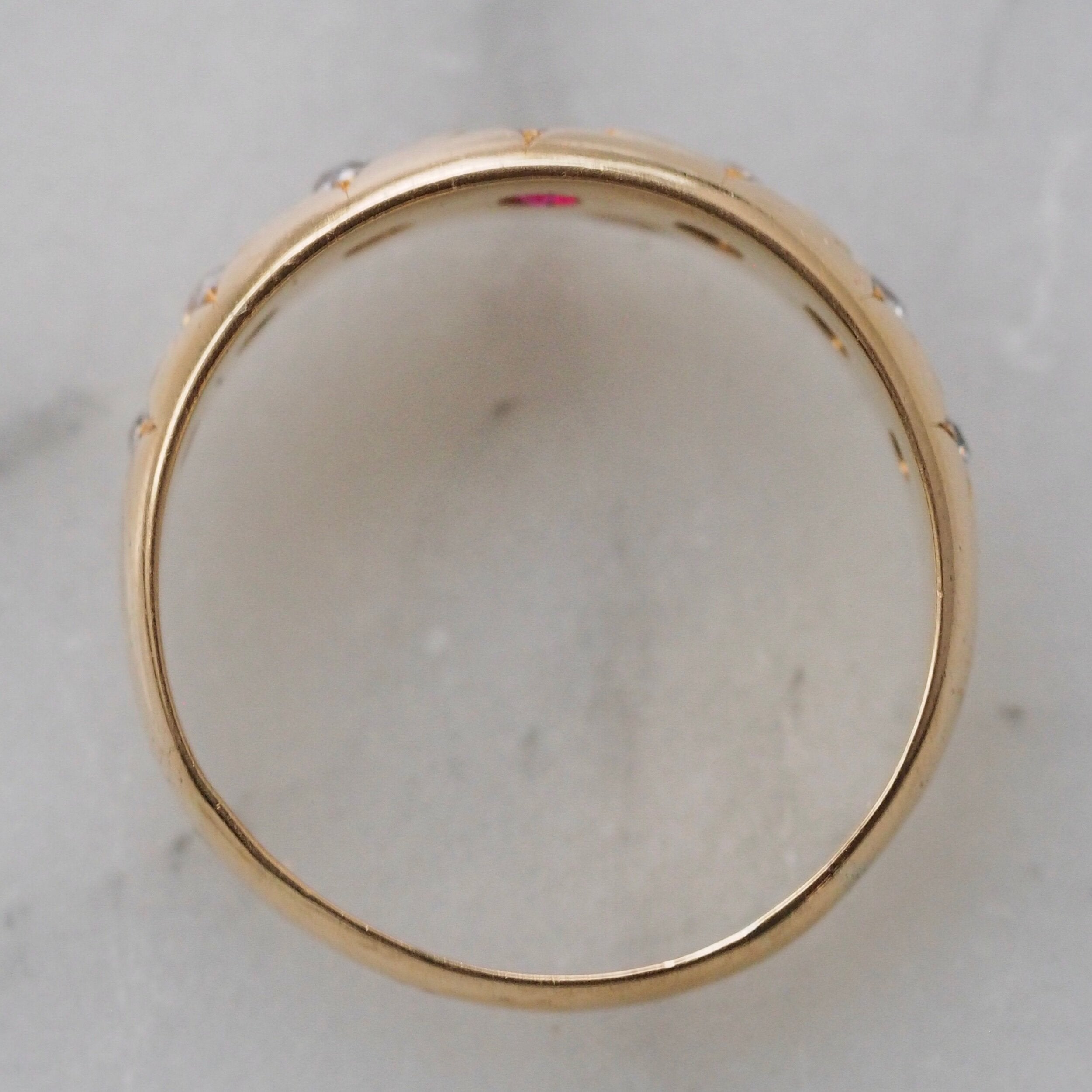 Antique English c. 1897 18k Gold Flush Set Ruby and Old Mine Cut Diamond Ring