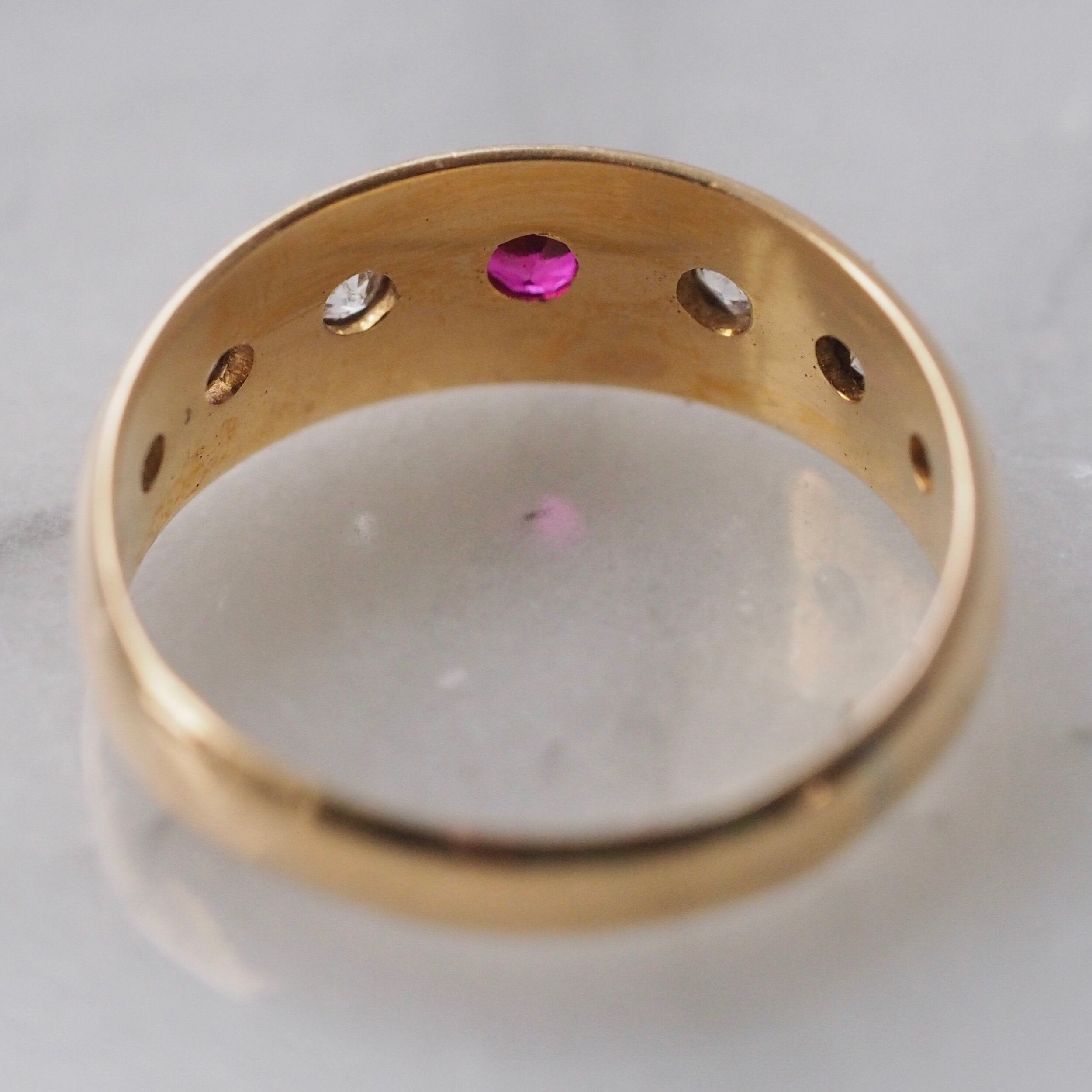 Antique English c. 1897 18k Gold Flush Set Ruby and Old Mine Cut Diamond Ring