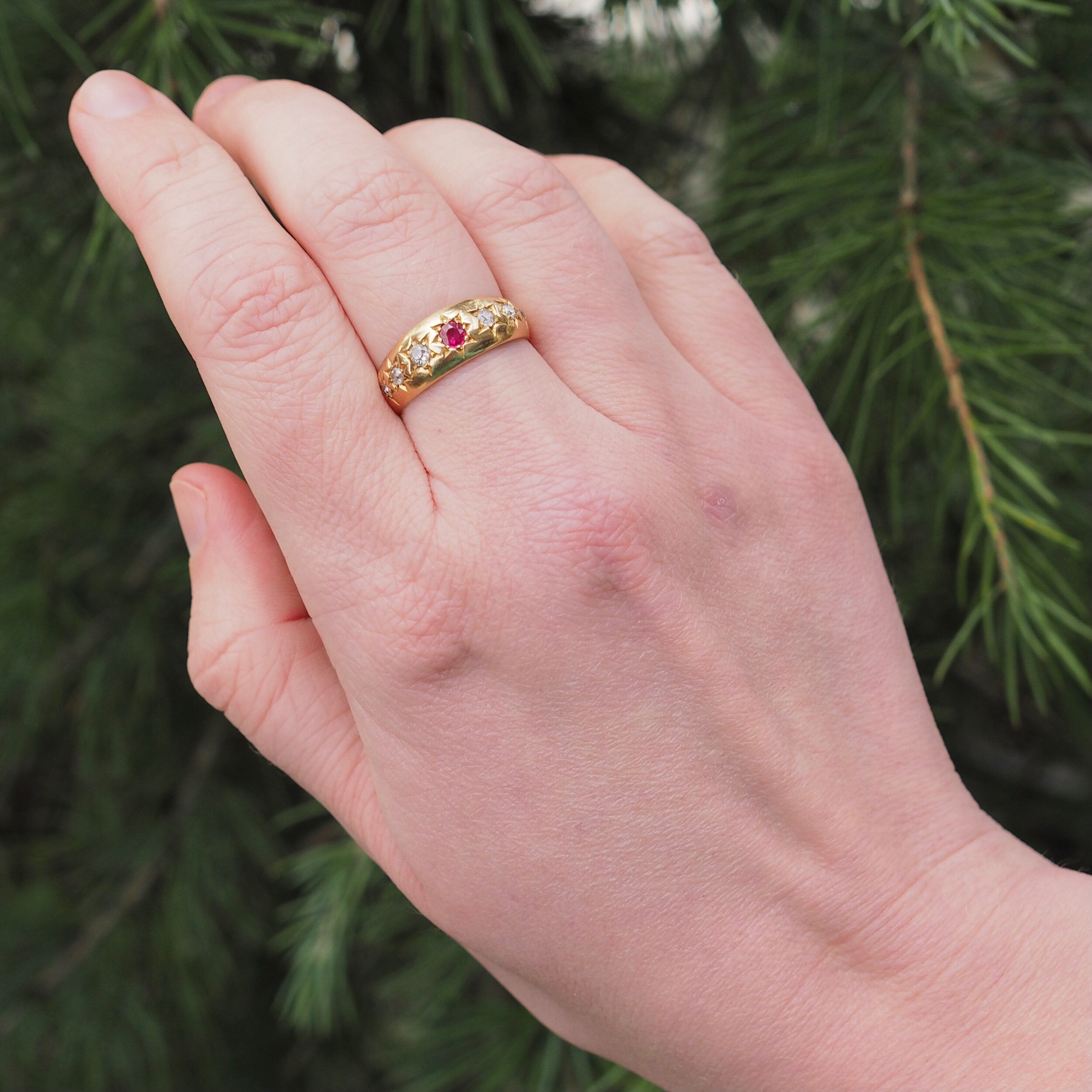 Antique English c. 1897 18k Gold Flush Set Ruby and Old Mine Cut Diamond Ring