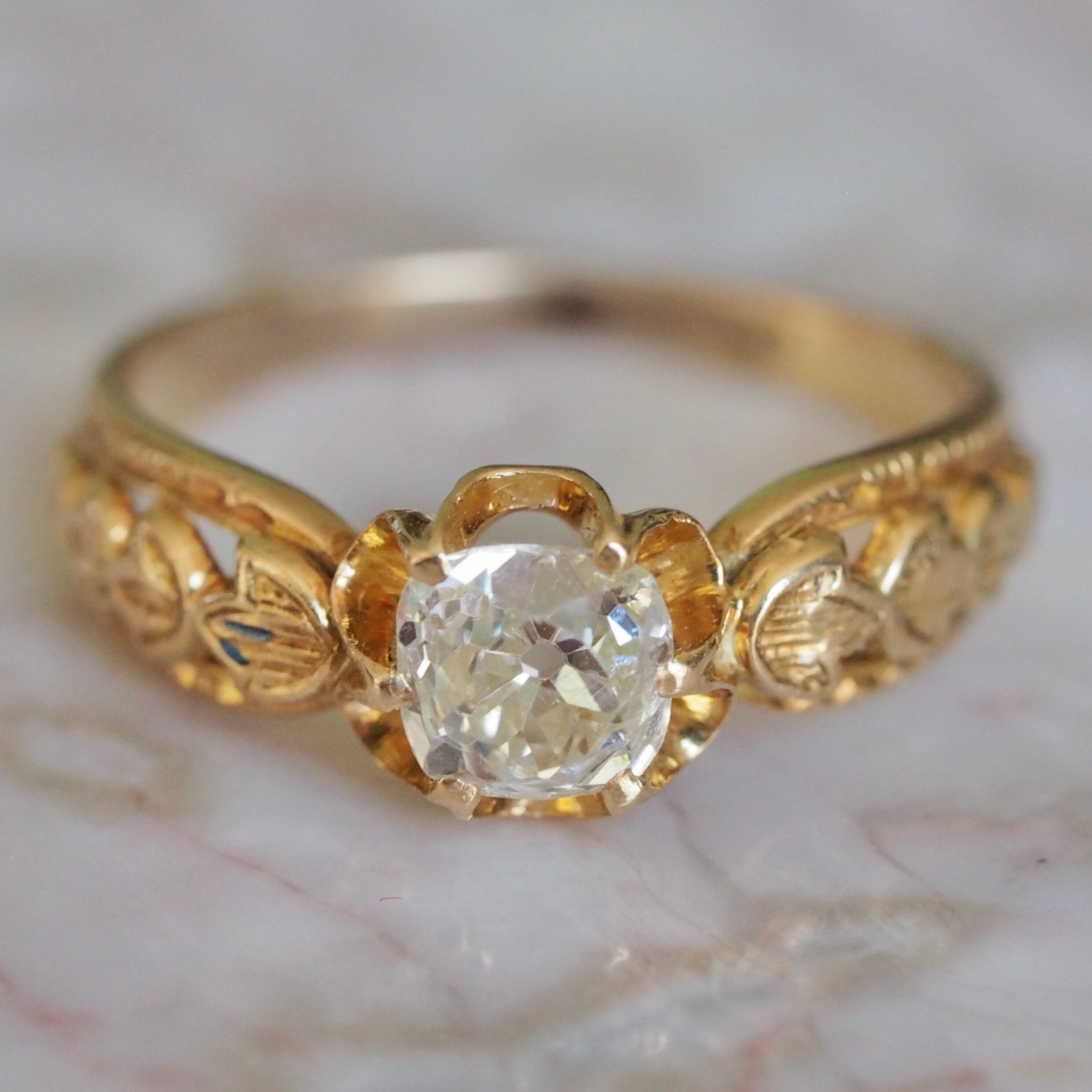 Antique French 18k Gold Old Mine Cut Diamond Engagement Ring