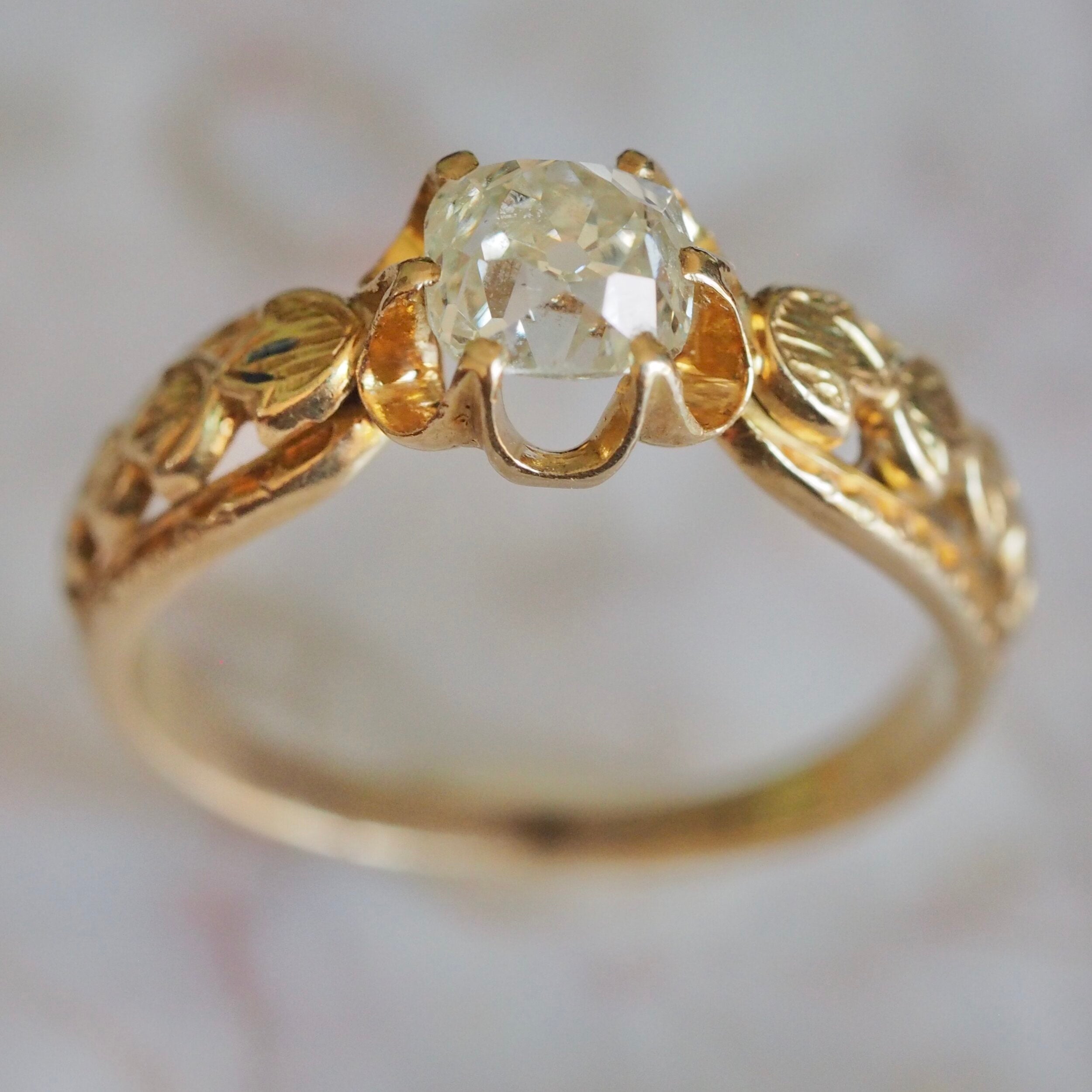 Antique French 18k Gold Old Mine Cut Diamond Engagement Ring