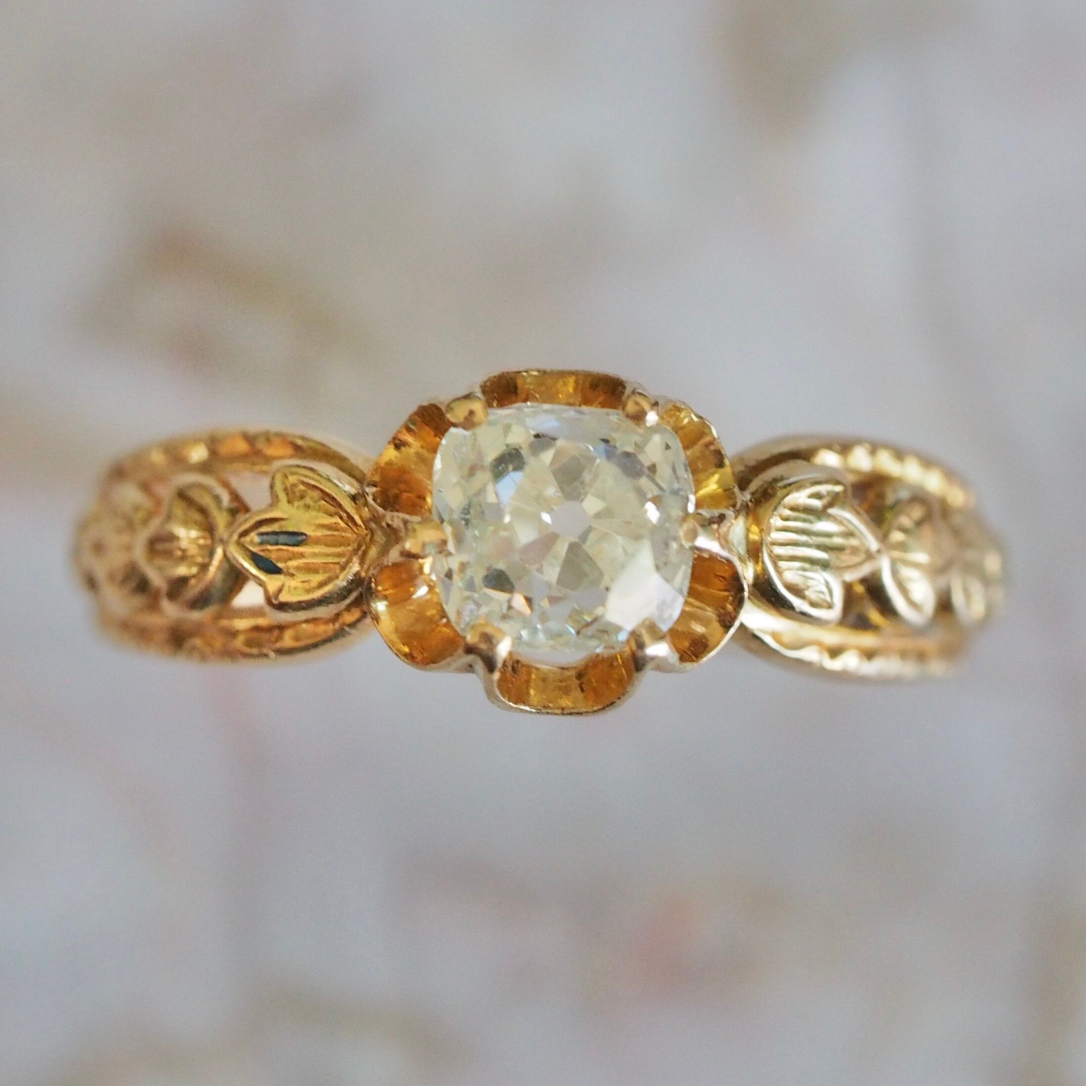 Antique French 18k Gold Old Mine Cut Diamond Engagement Ring