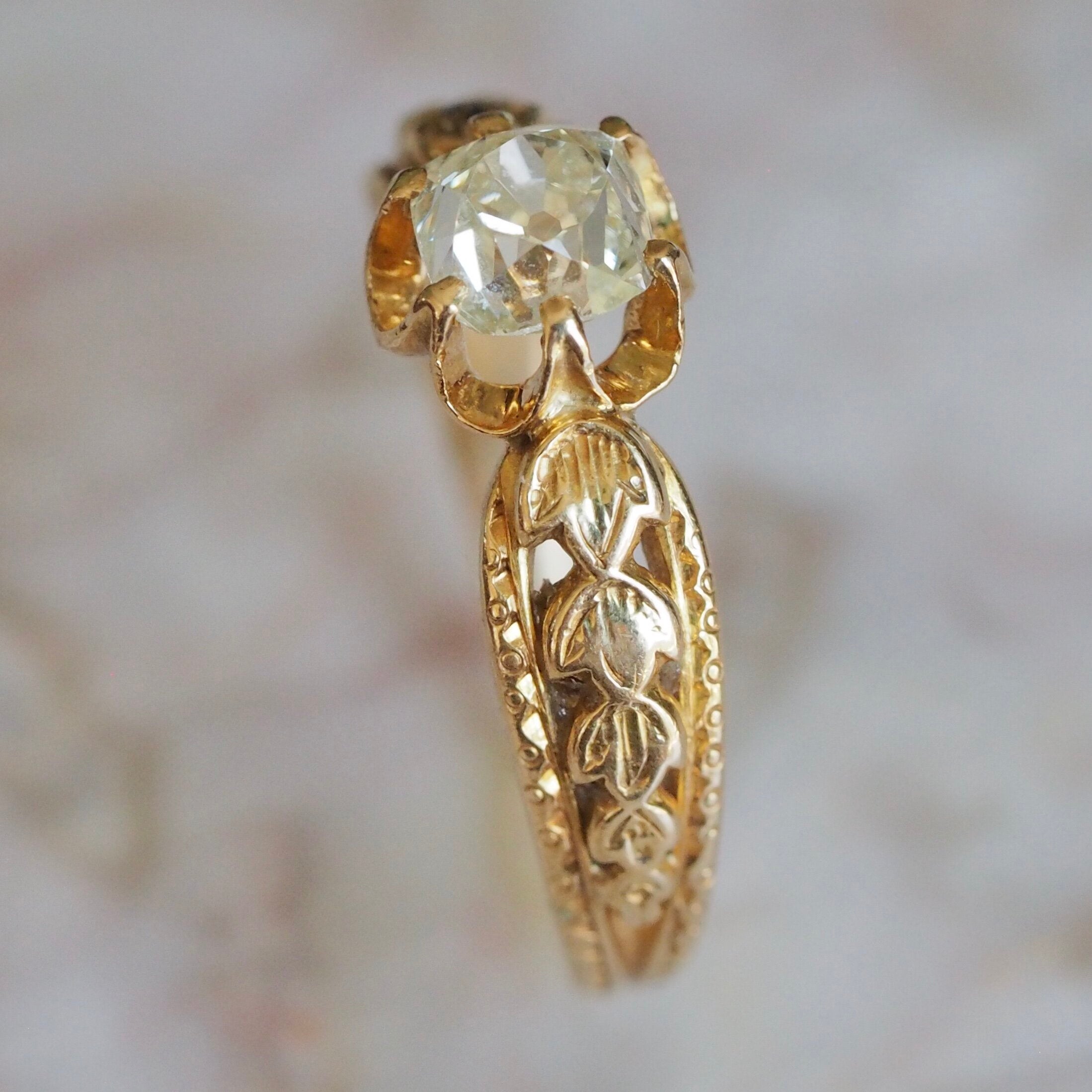 Antique French 18k Gold Old Mine Cut Diamond Engagement Ring