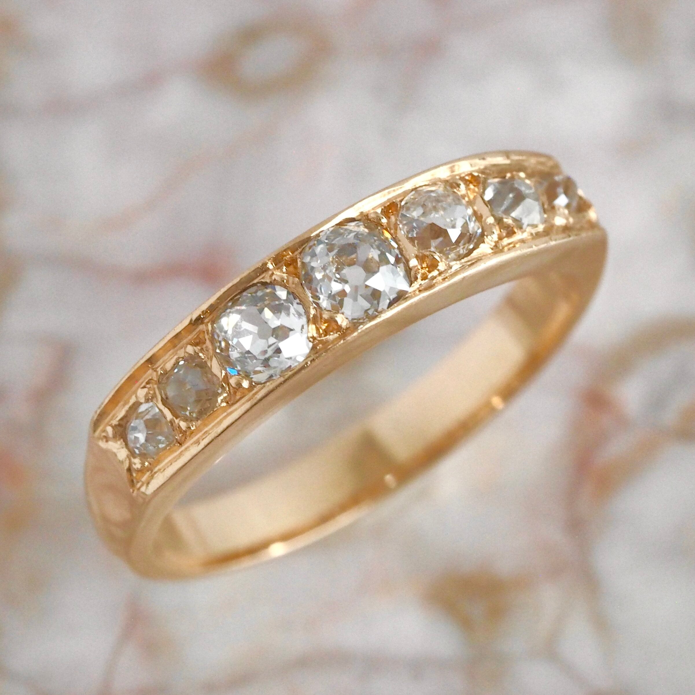 Antique French 18k Gold Old Mine Cut Half Hoop Diamond Ring