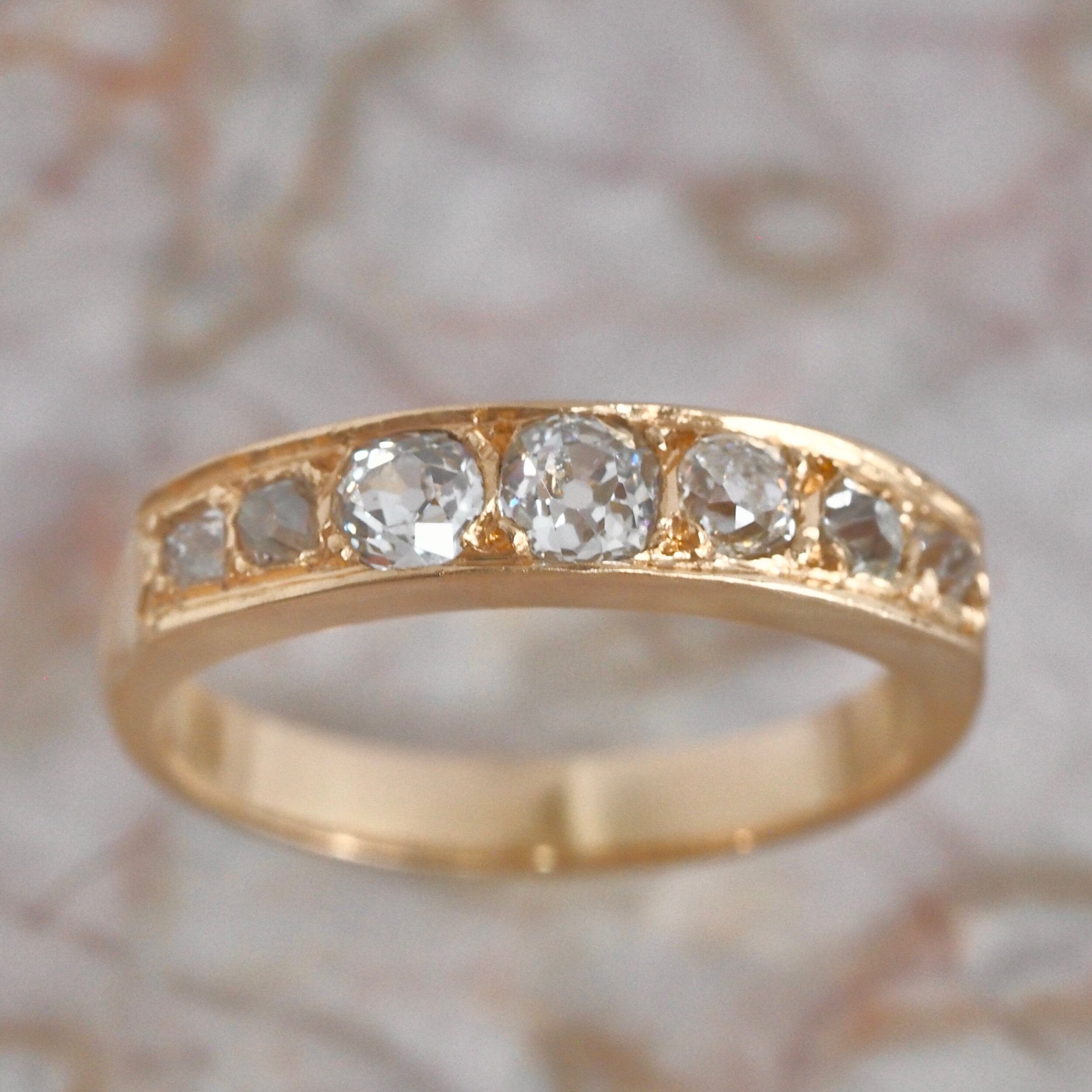 Antique French 18k Gold Old Mine Cut Half Hoop Diamond Ring