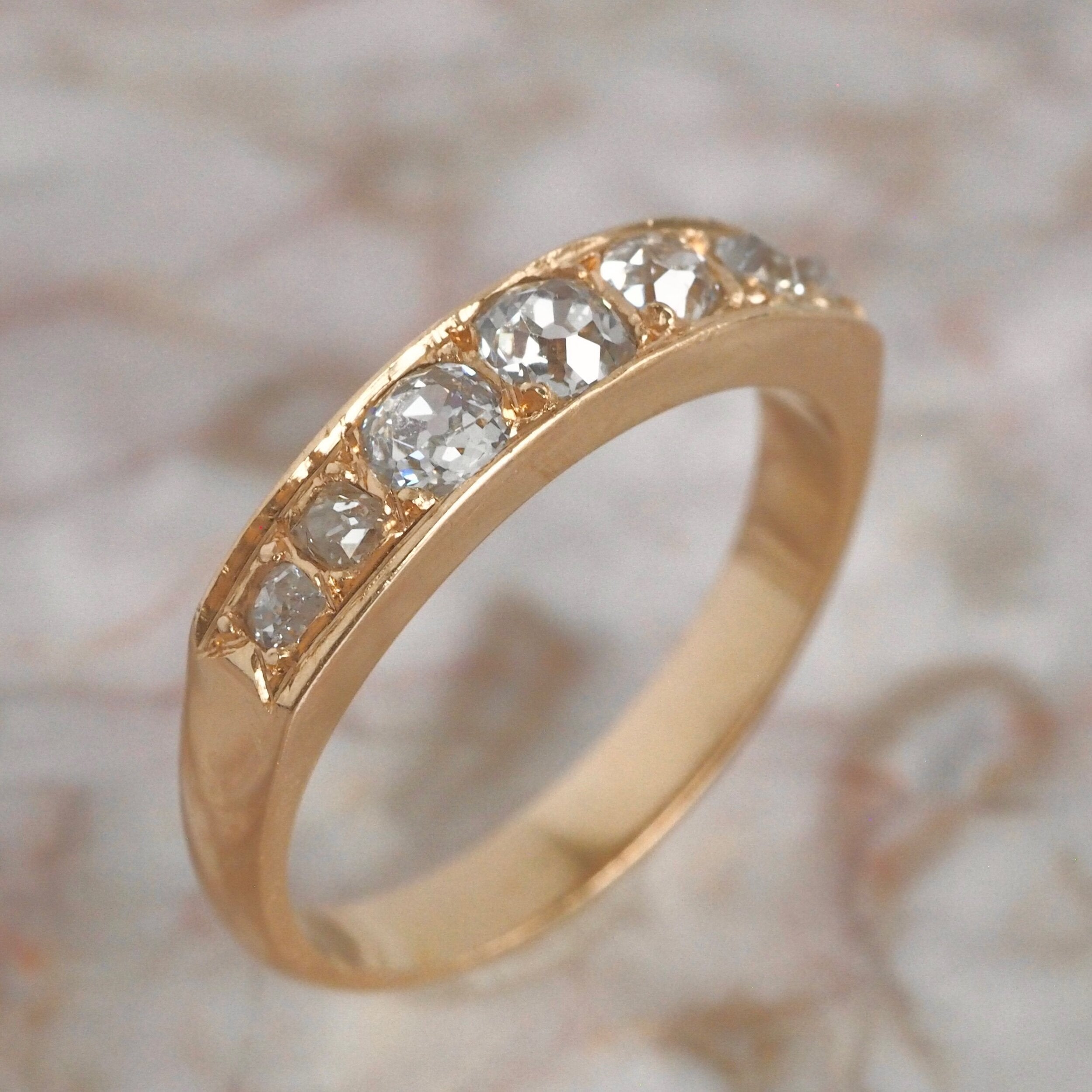 Antique French 18k Gold Old Mine Cut Half Hoop Diamond Ring