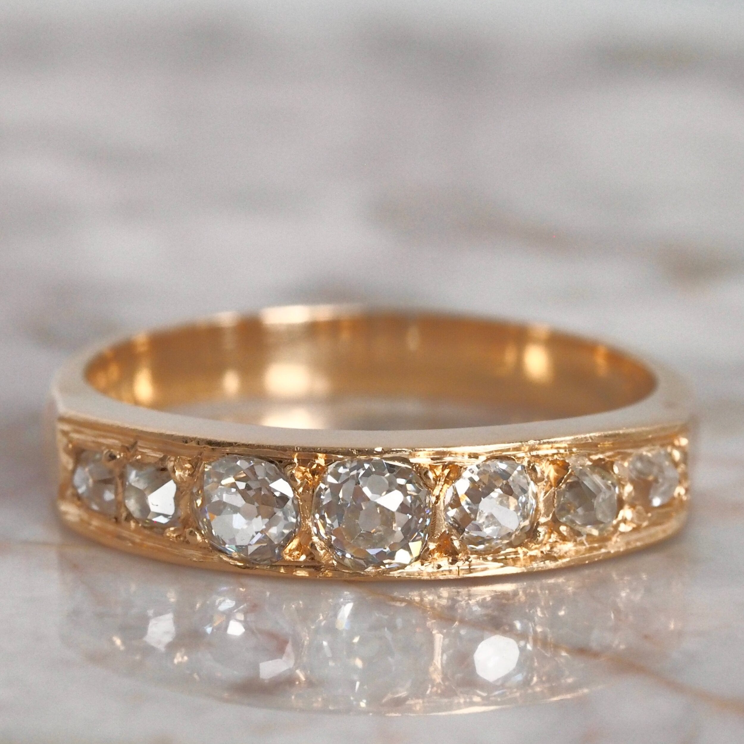 Antique French 18k Gold Old Mine Cut Half Hoop Diamond Ring