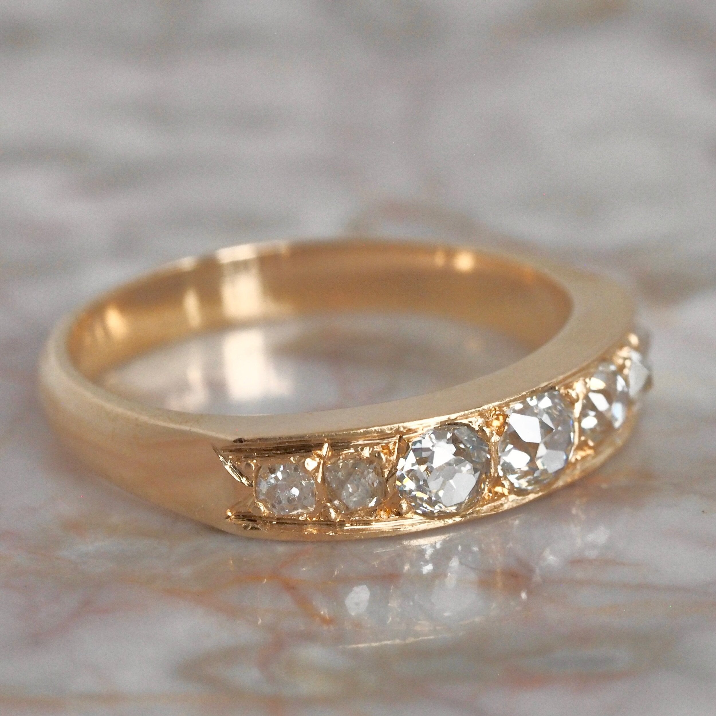 Antique French 18k Gold Old Mine Cut Half Hoop Diamond Ring