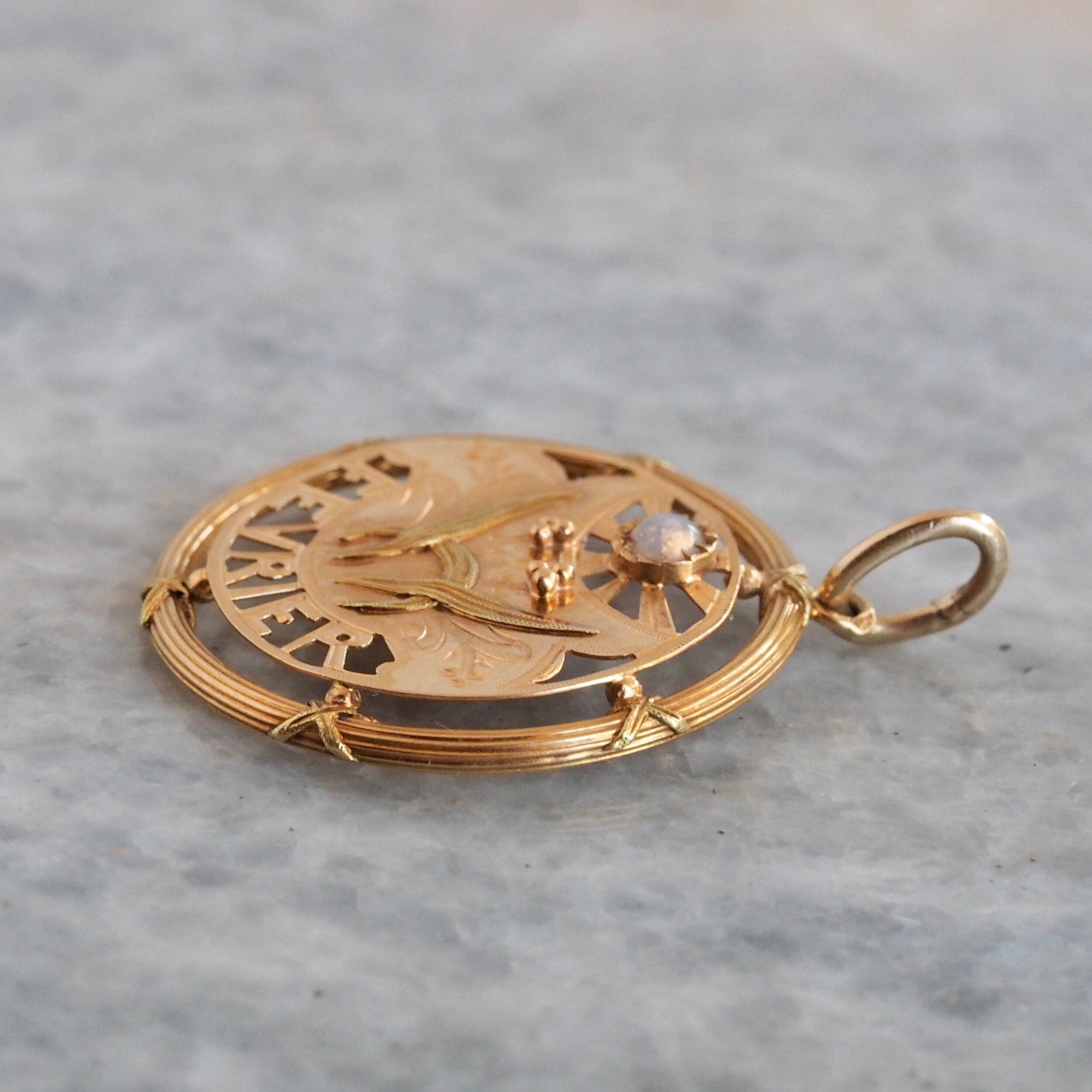 Antique French Art Nouveau 18k Gold "February" Pendant
