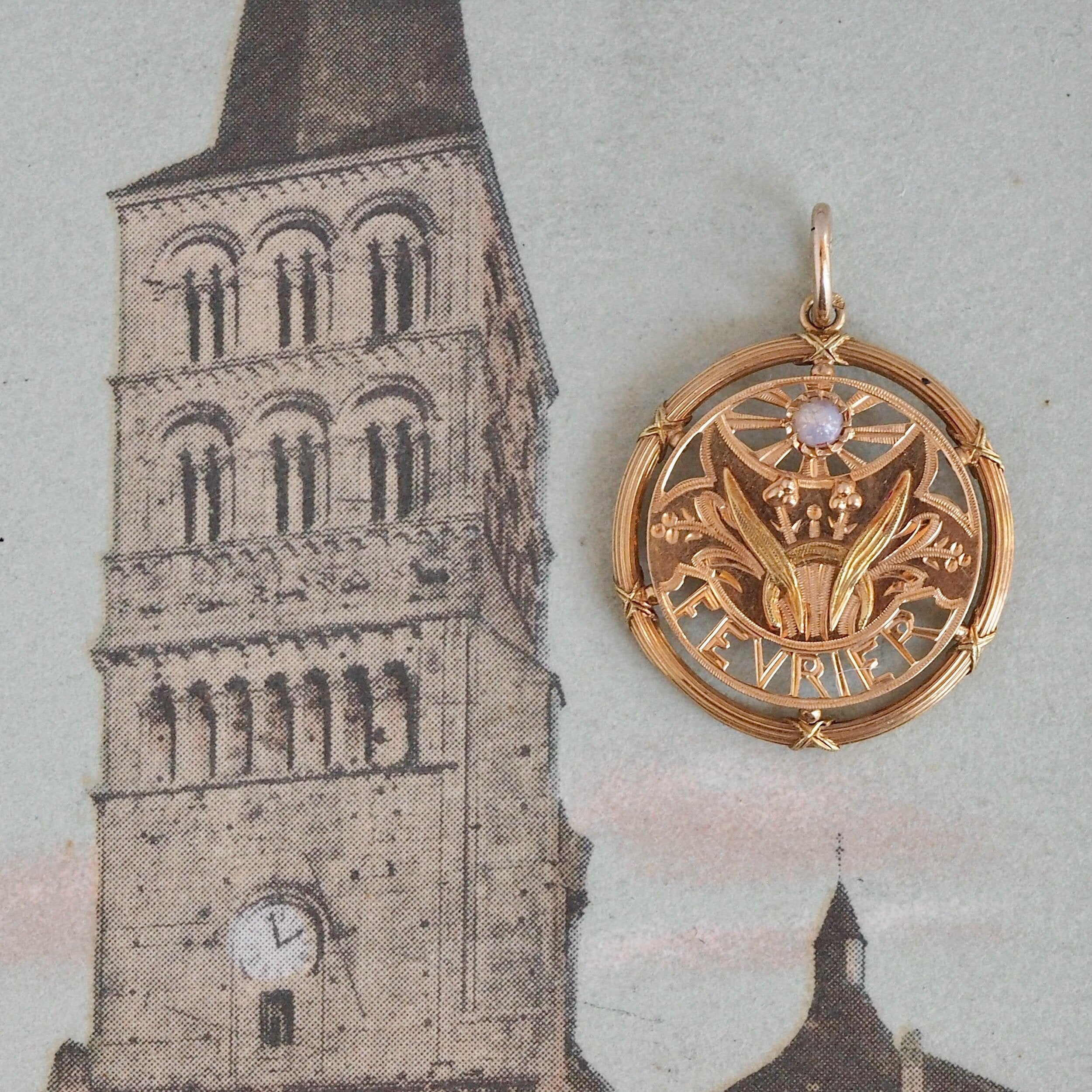Antique French Art Nouveau 18k Gold "February" Pendant