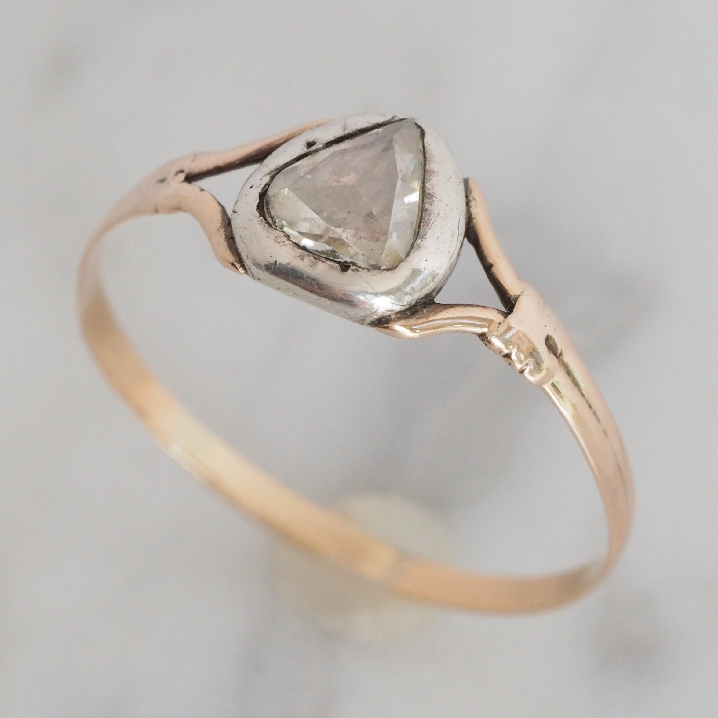 Antique Georgian 14k Gold and Silver Heart Shaped Rose Cut Diamond Ring