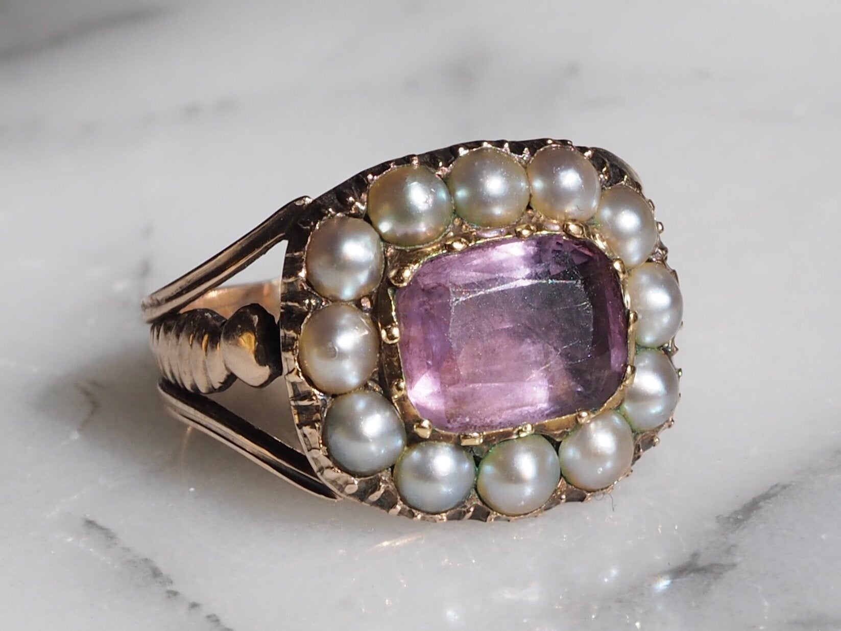 Antique Georgian 15k Gold Amethyst and Seed Pearl Ring