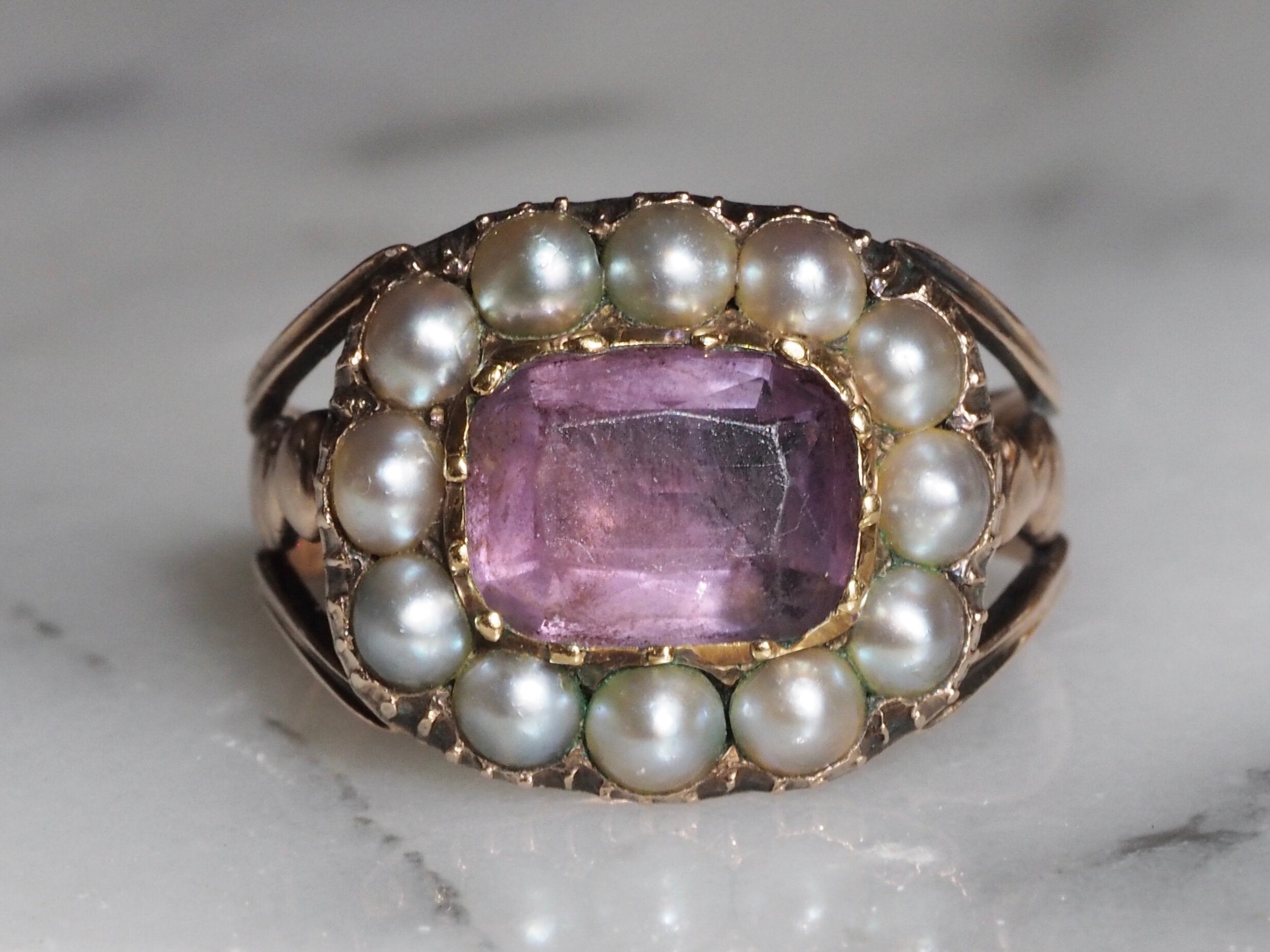 Antique Georgian 15k Gold Amethyst and Seed Pearl Ring