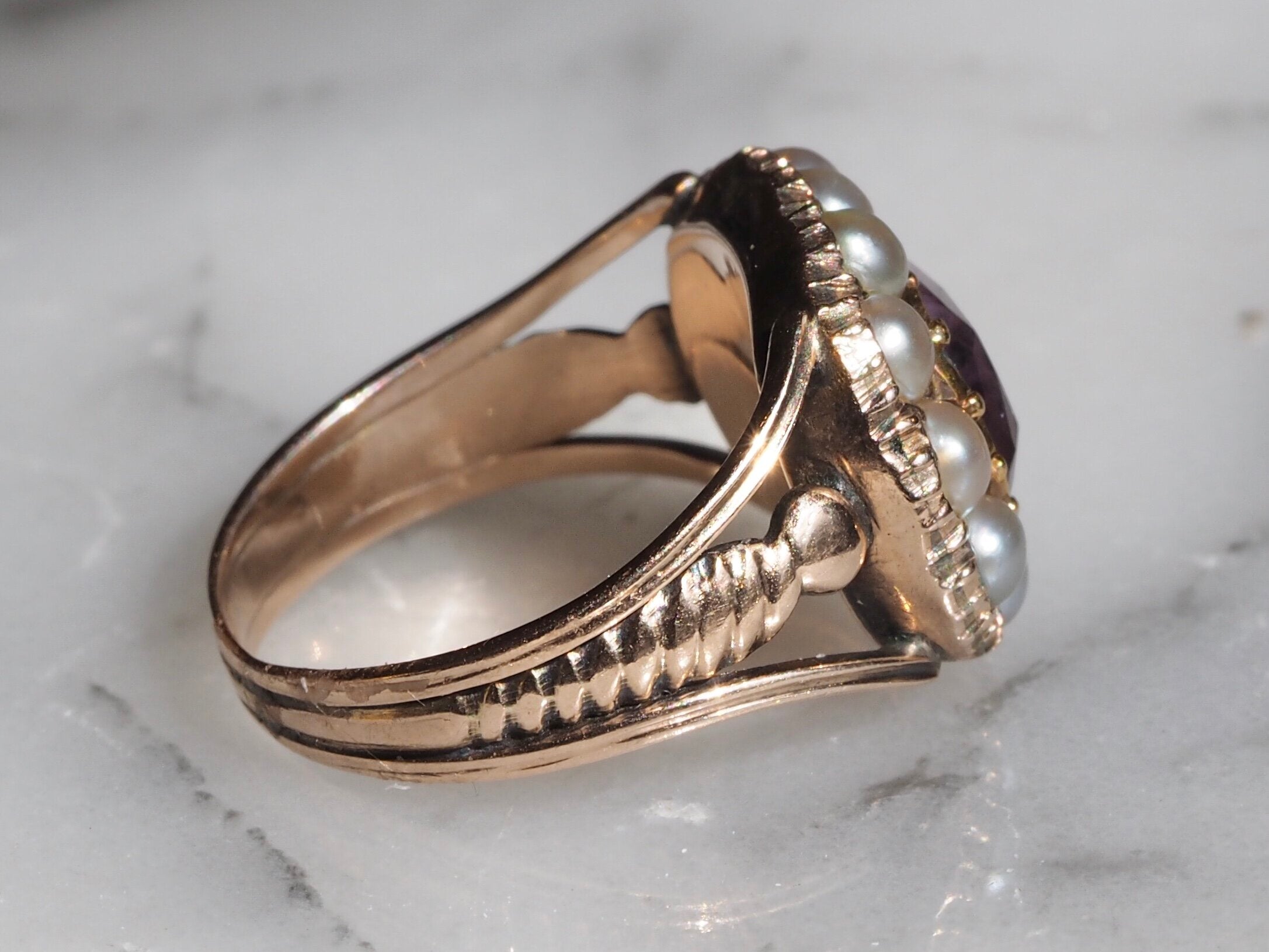 Antique Georgian 15k Gold Amethyst and Seed Pearl Ring