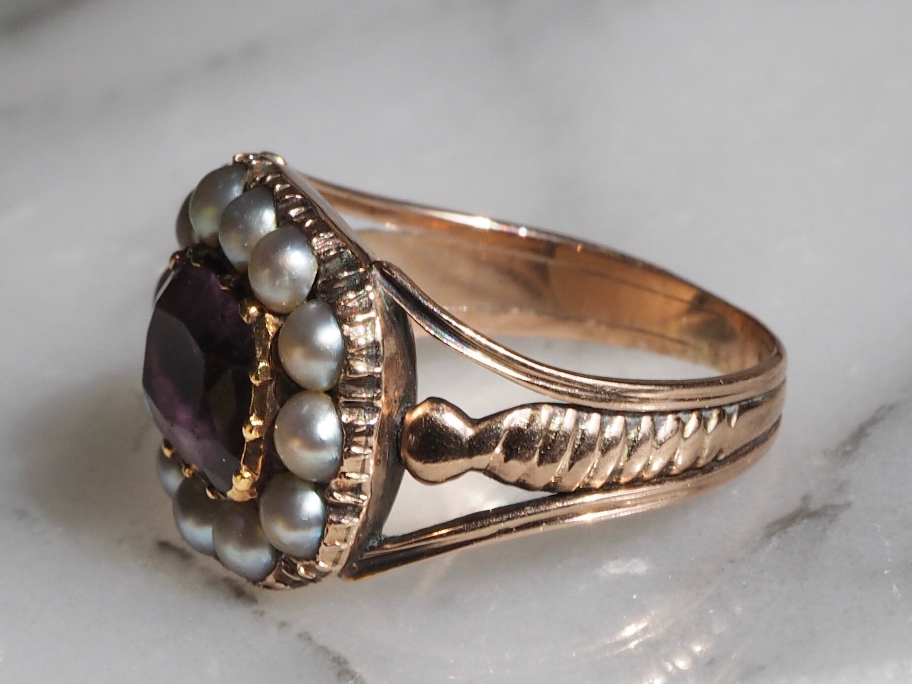 Antique Georgian 15k Gold Amethyst and Seed Pearl Ring